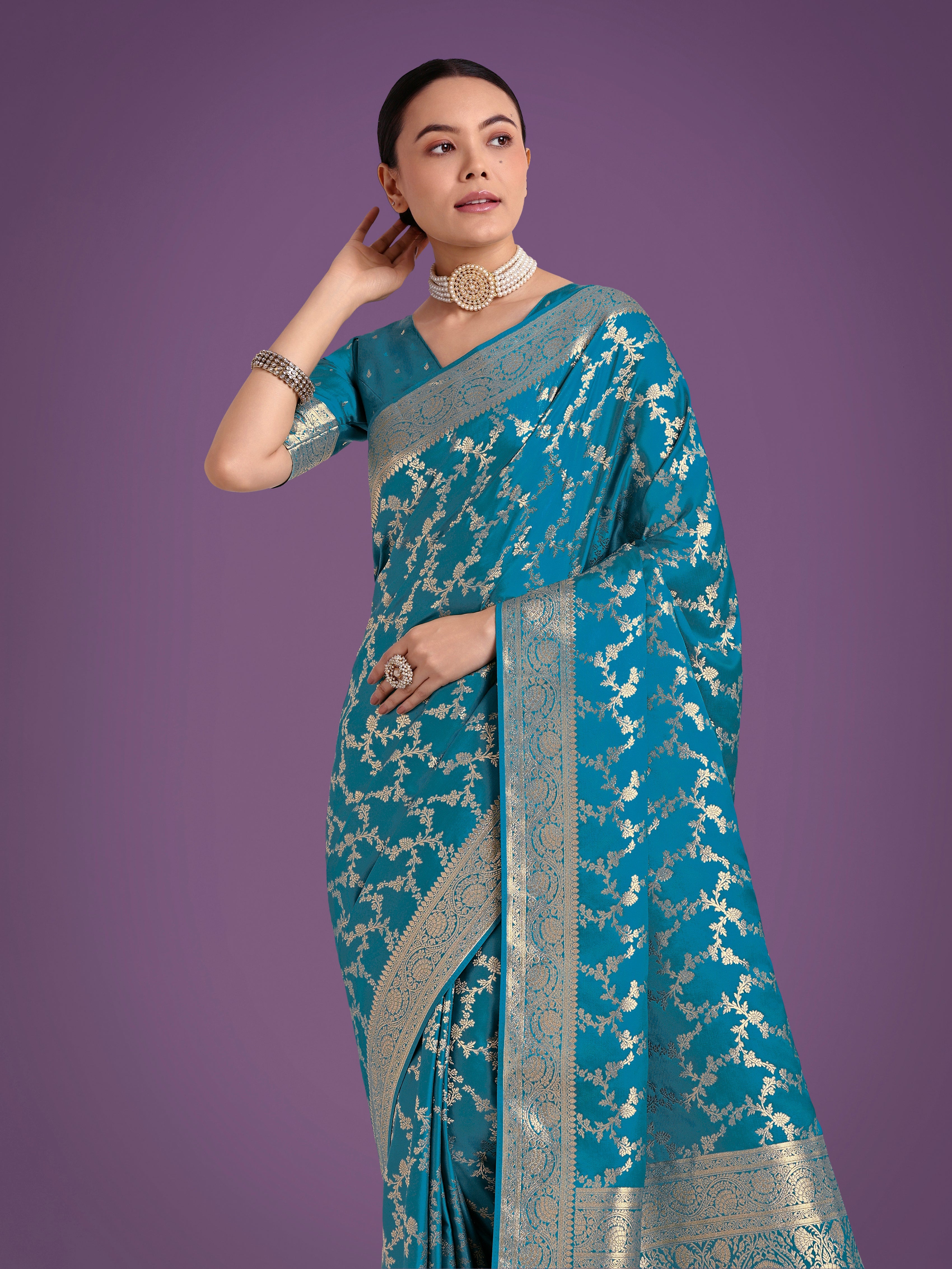 Stunning Cyan blue Banarasi Satin Silk Golden Meenakari Work Saree