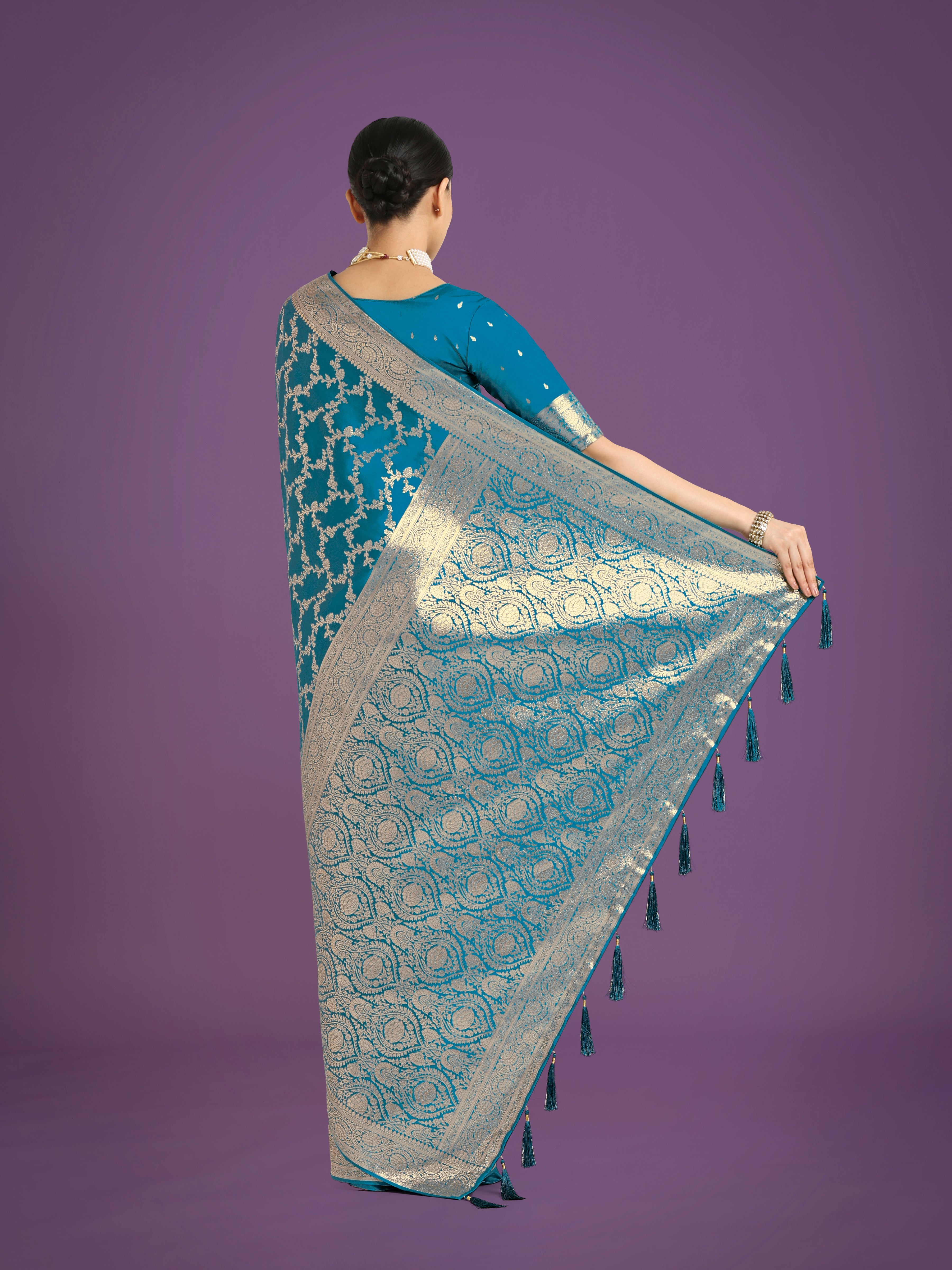 Stunning Cyan blue Banarasi Satin Silk Golden Meenakari Work Saree