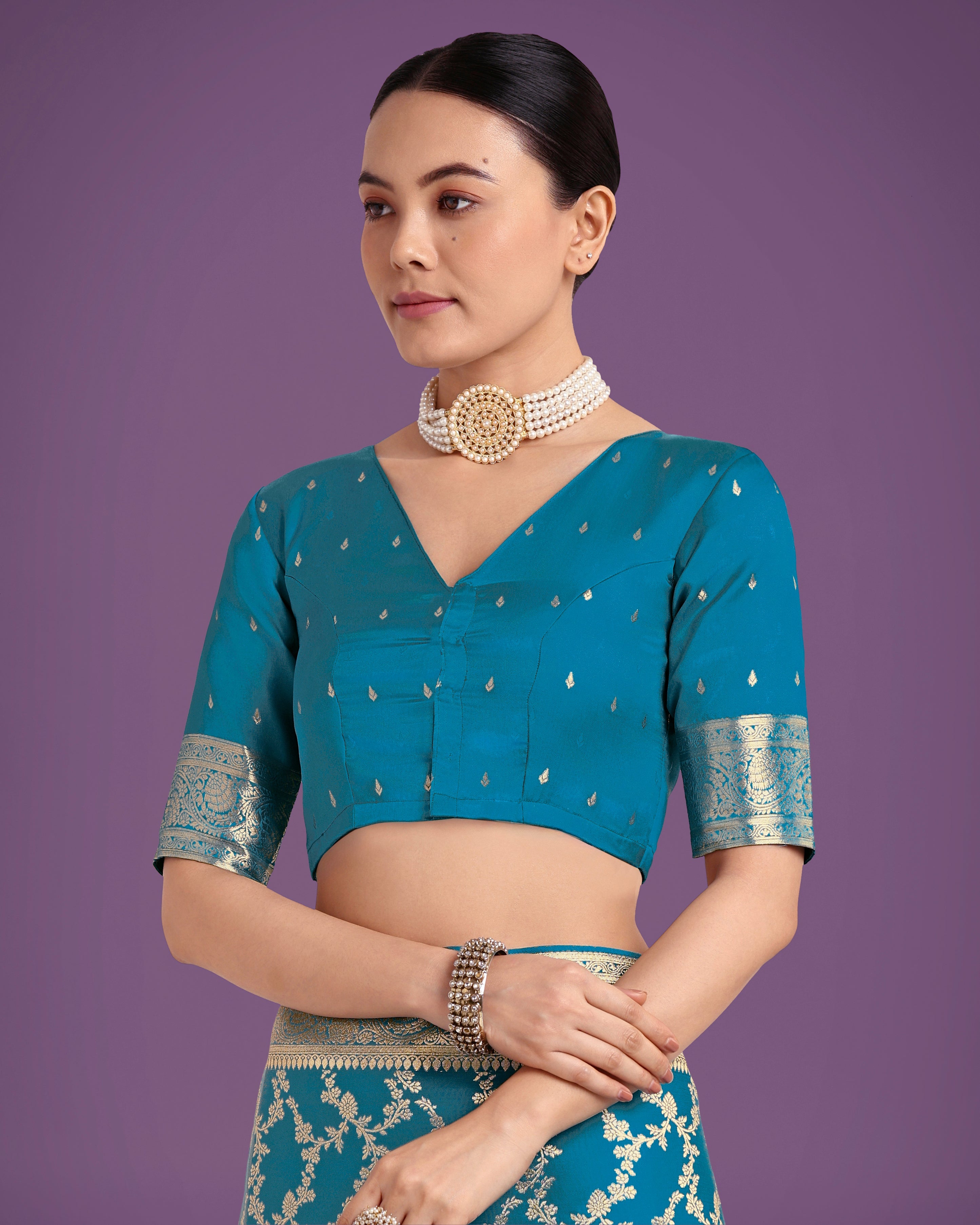 Stunning Cyan blue Banarasi Satin Silk Golden Meenakari Work Saree