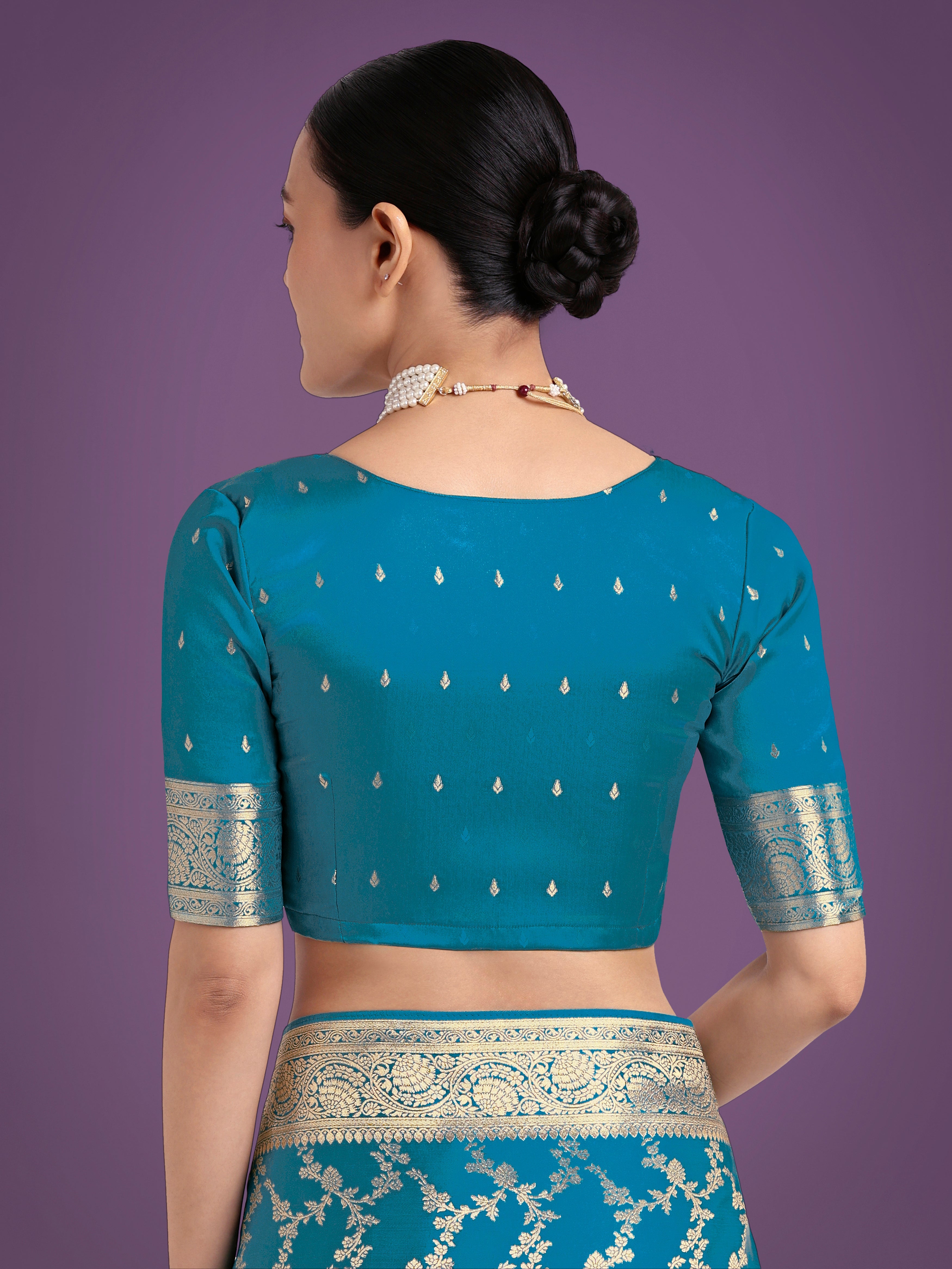 Stunning Cyan blue Banarasi Satin Silk Golden Meenakari Work Saree