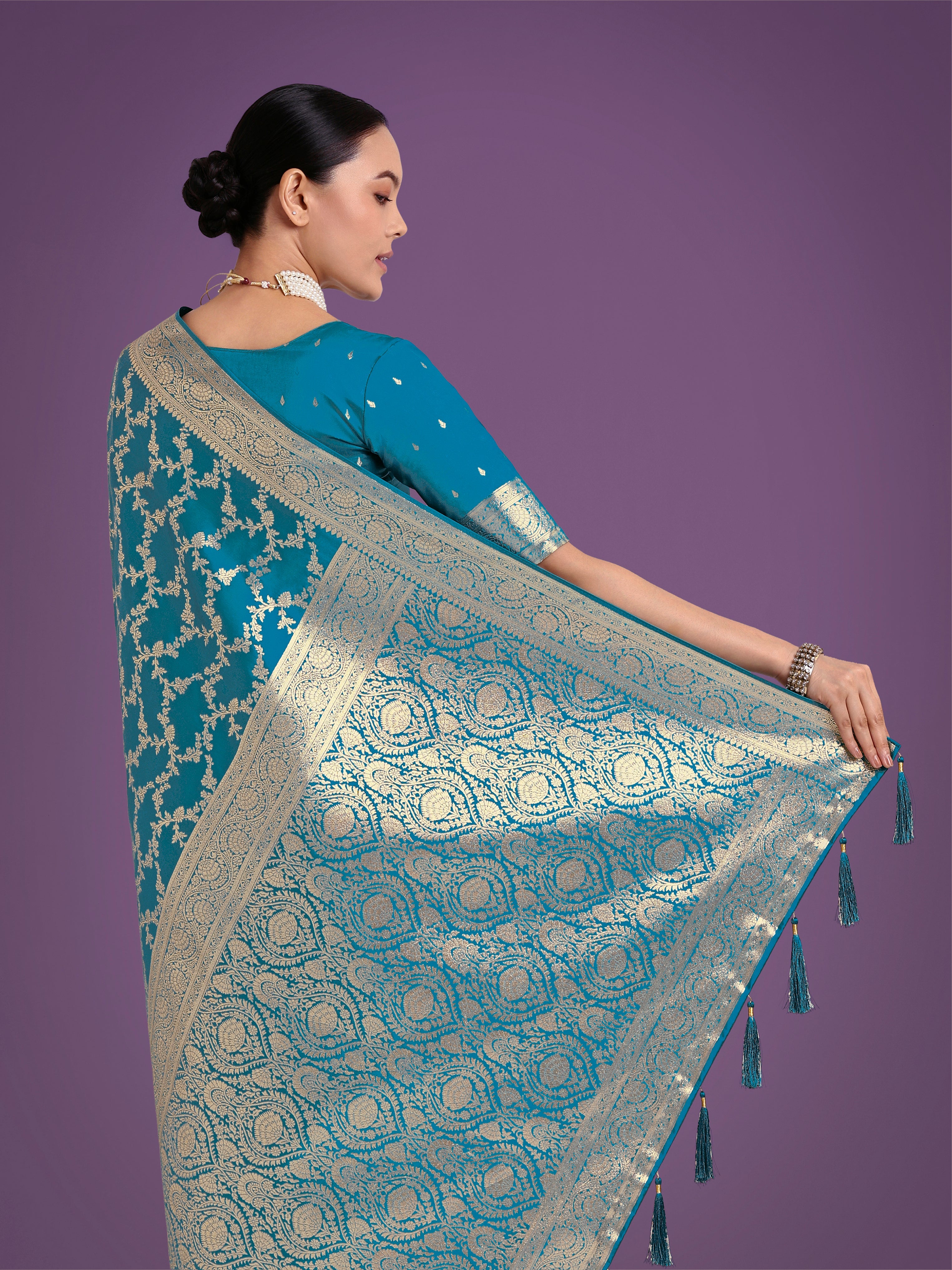 Stunning Cyan blue Banarasi Satin Silk Golden Meenakari Work Saree