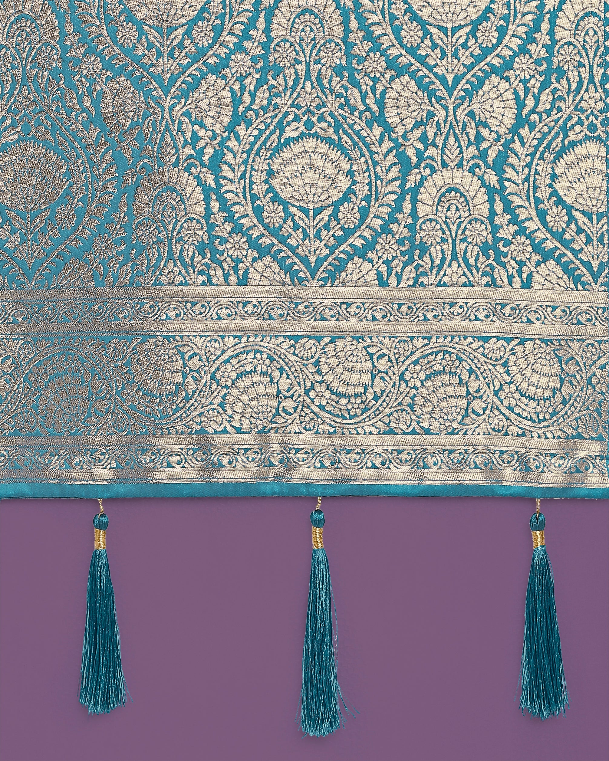 Stunning Cyan blue Banarasi Satin Silk Golden Meenakari Work Saree