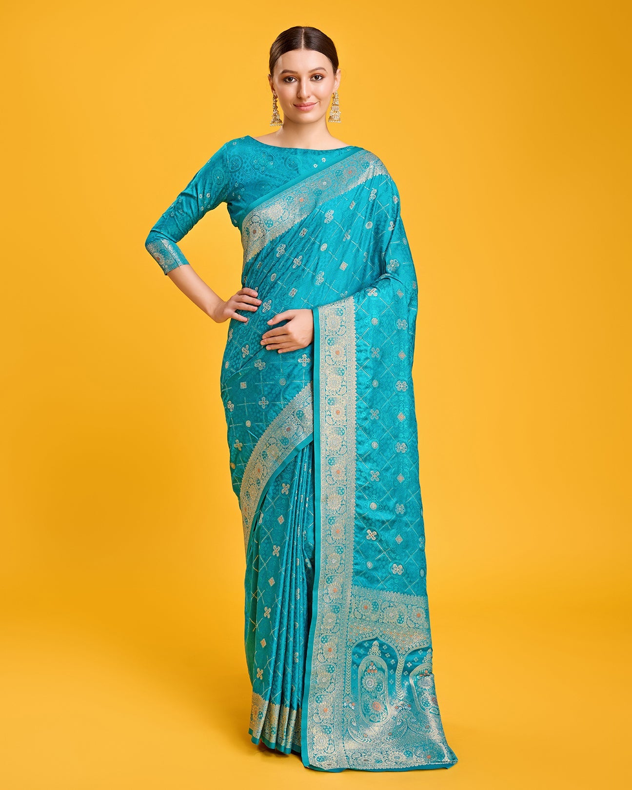 Turquoise Banarasi Satin Silk Stunning Saree - Monjolika Fashion