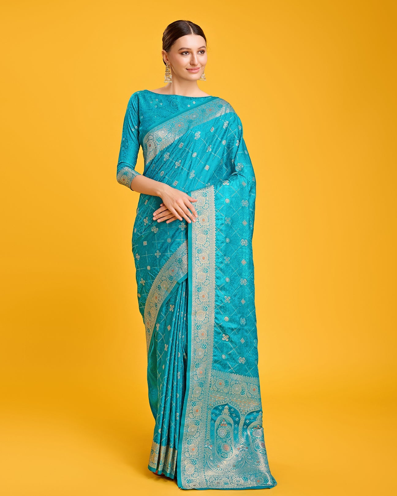 Turquoise Banarasi Satin Silk Stunning Saree - Monjolika Fashion