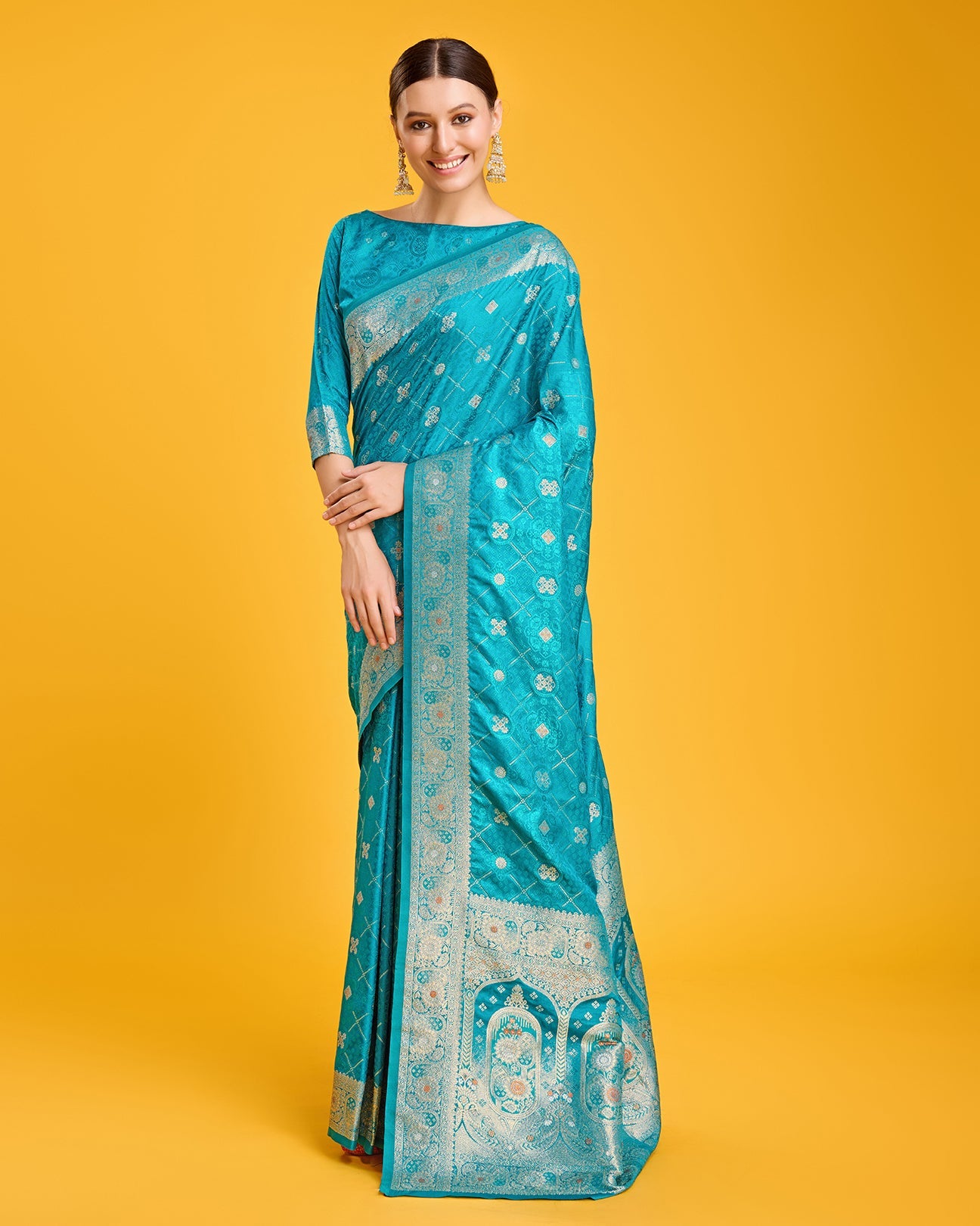 Turquoise Banarasi Satin Silk Stunning Saree - Monjolika Fashion
