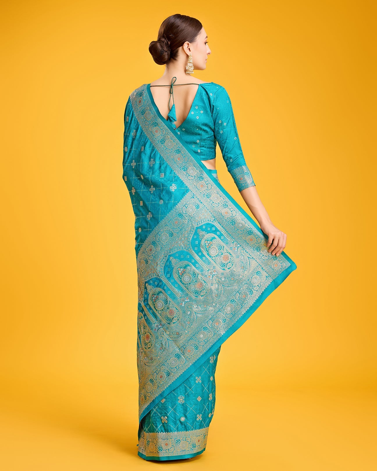 Turquoise Banarasi Satin Silk Stunning Saree - Monjolika Fashion