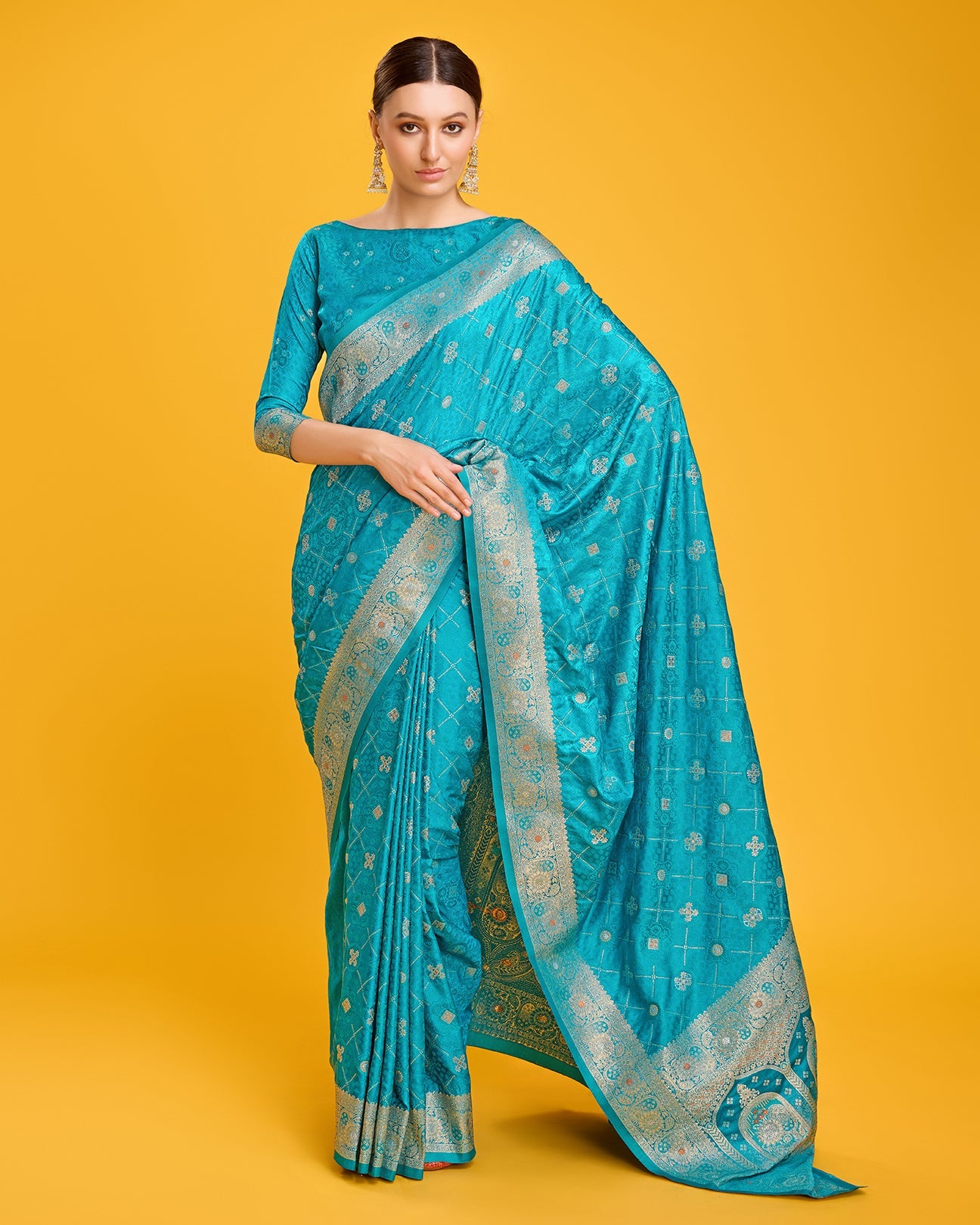 Turquoise Banarasi Satin Silk Stunning Saree - Monjolika Fashion
