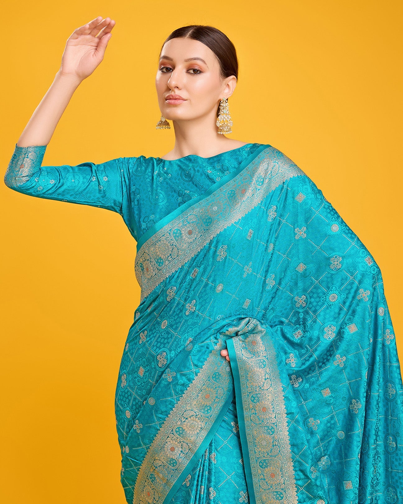 Turquoise Banarasi Satin Silk Stunning Saree - Monjolika Fashion