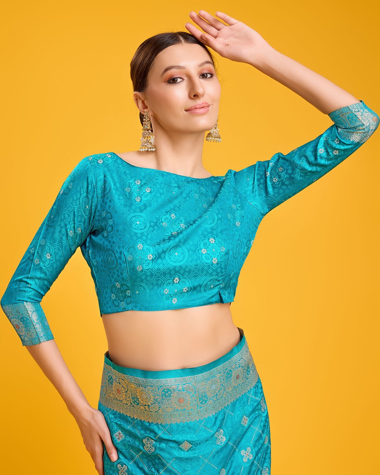 Turquoise Banarasi Satin Silk Stunning Saree - Monjolika Fashion