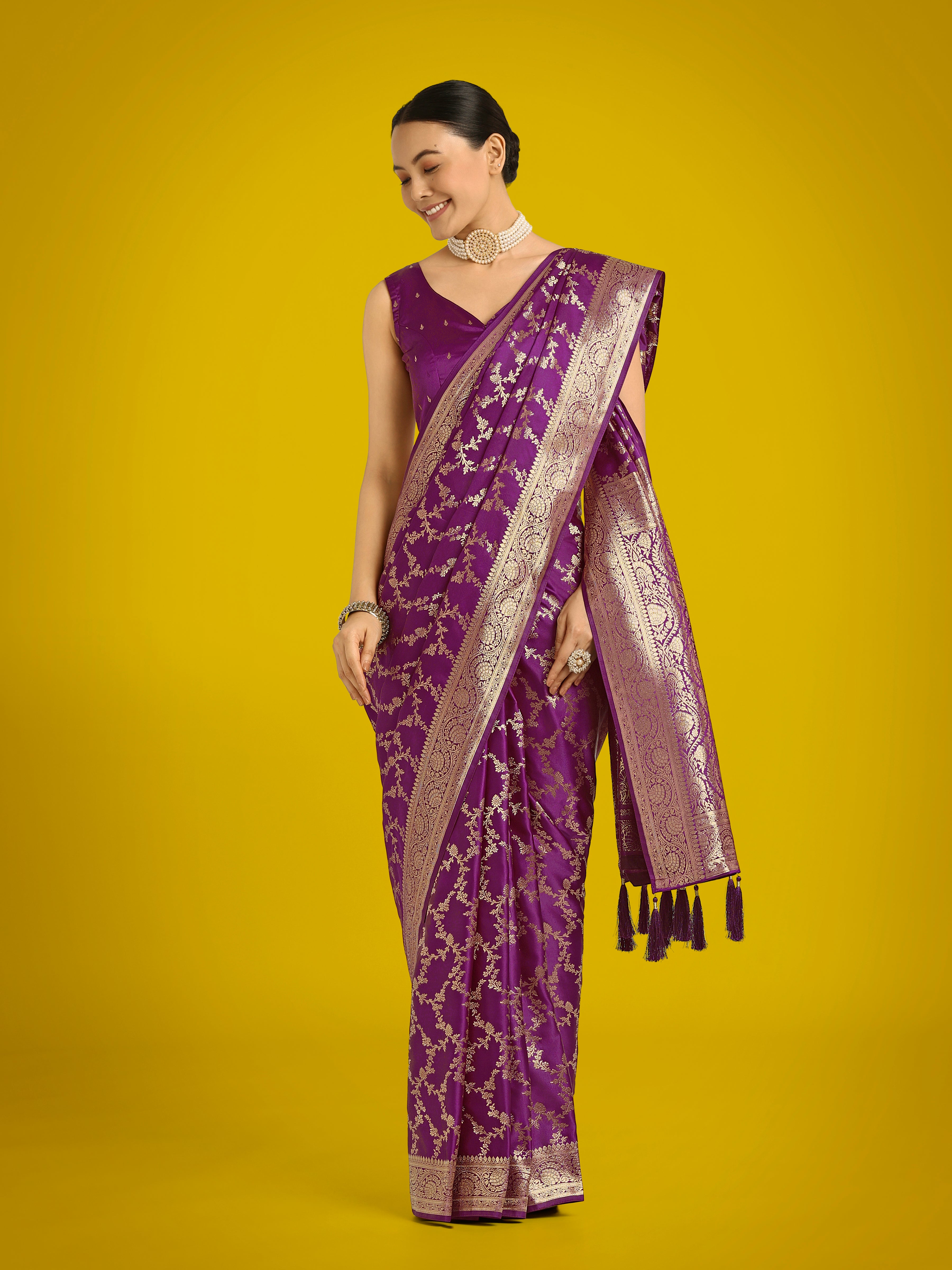 Stunning Purple Banarasi Satin Silk Golden Meenakari Work Saree