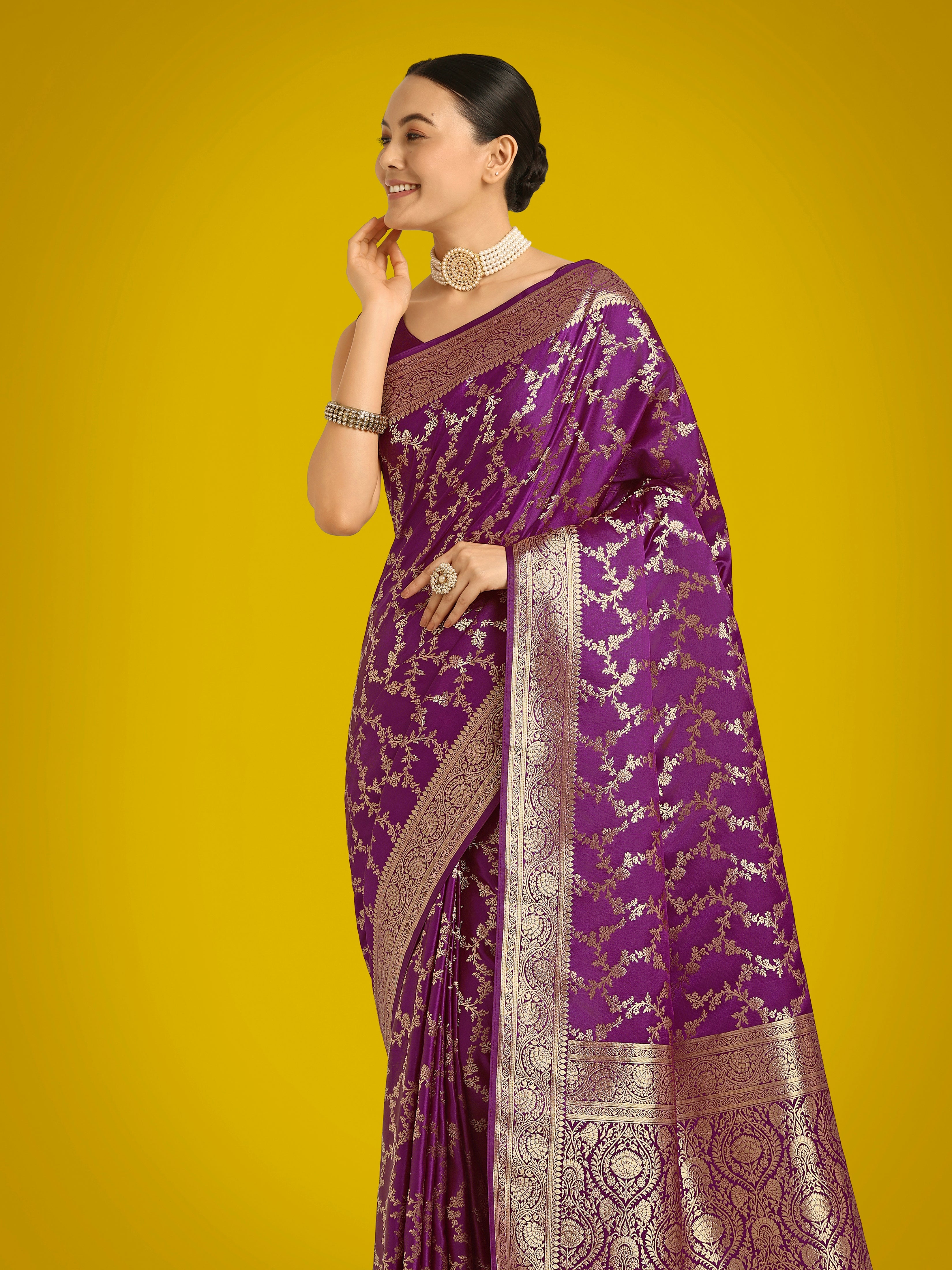 Stunning Purple Banarasi Satin Silk Golden Meenakari Work Saree