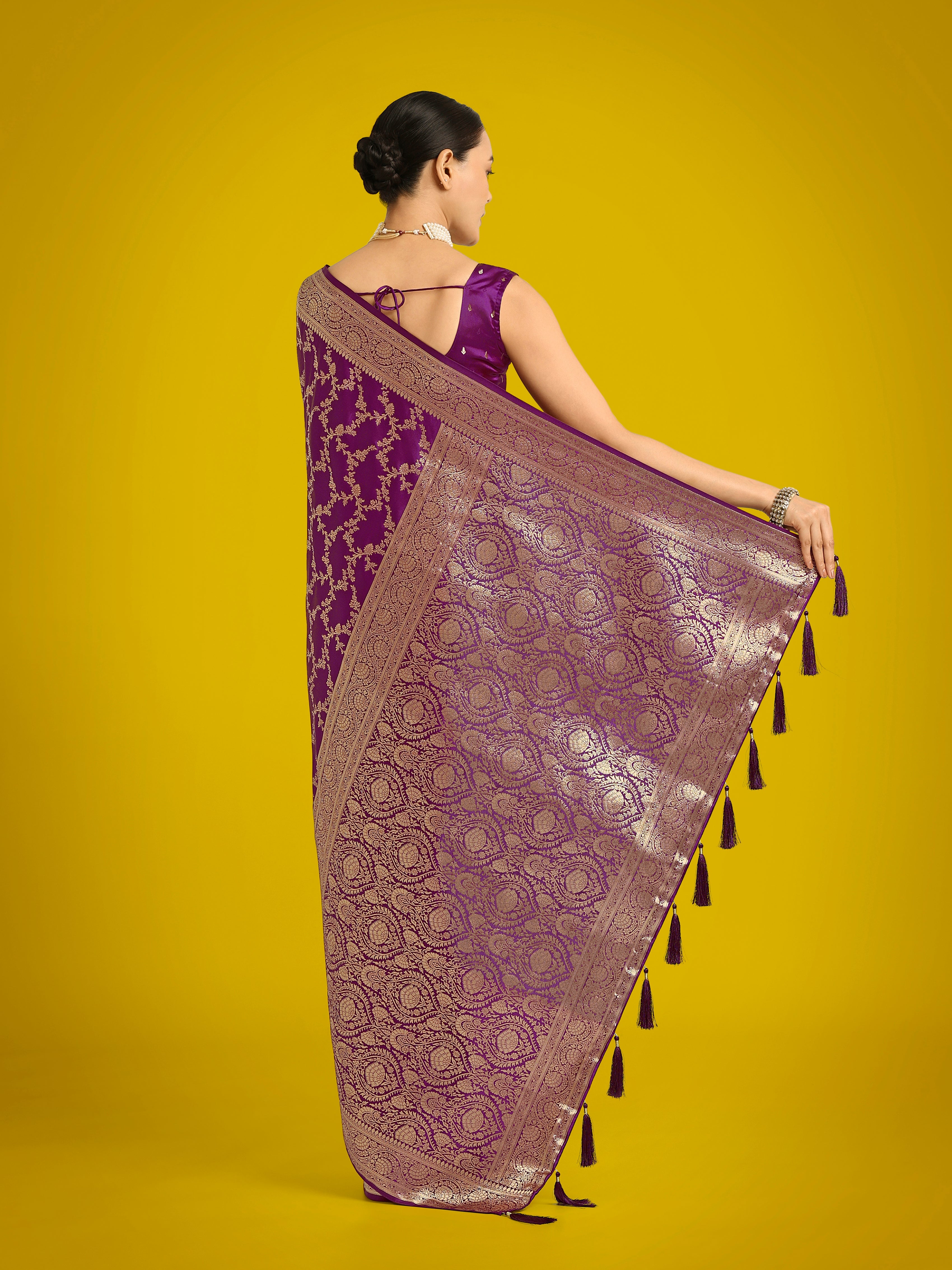 Stunning Purple Banarasi Satin Silk Golden Meenakari Work Saree