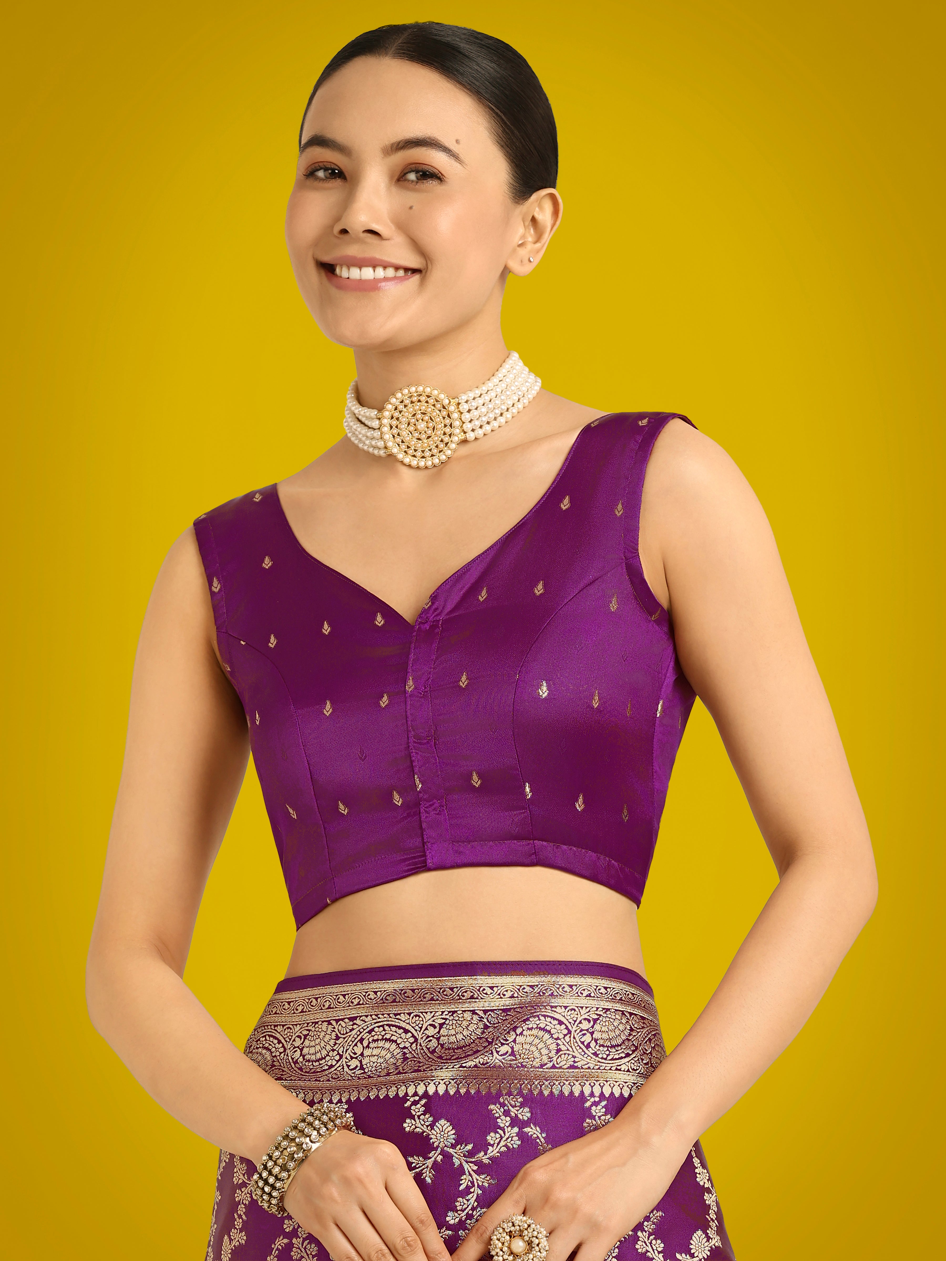 Stunning Purple Banarasi Satin Silk Golden Meenakari Work Saree