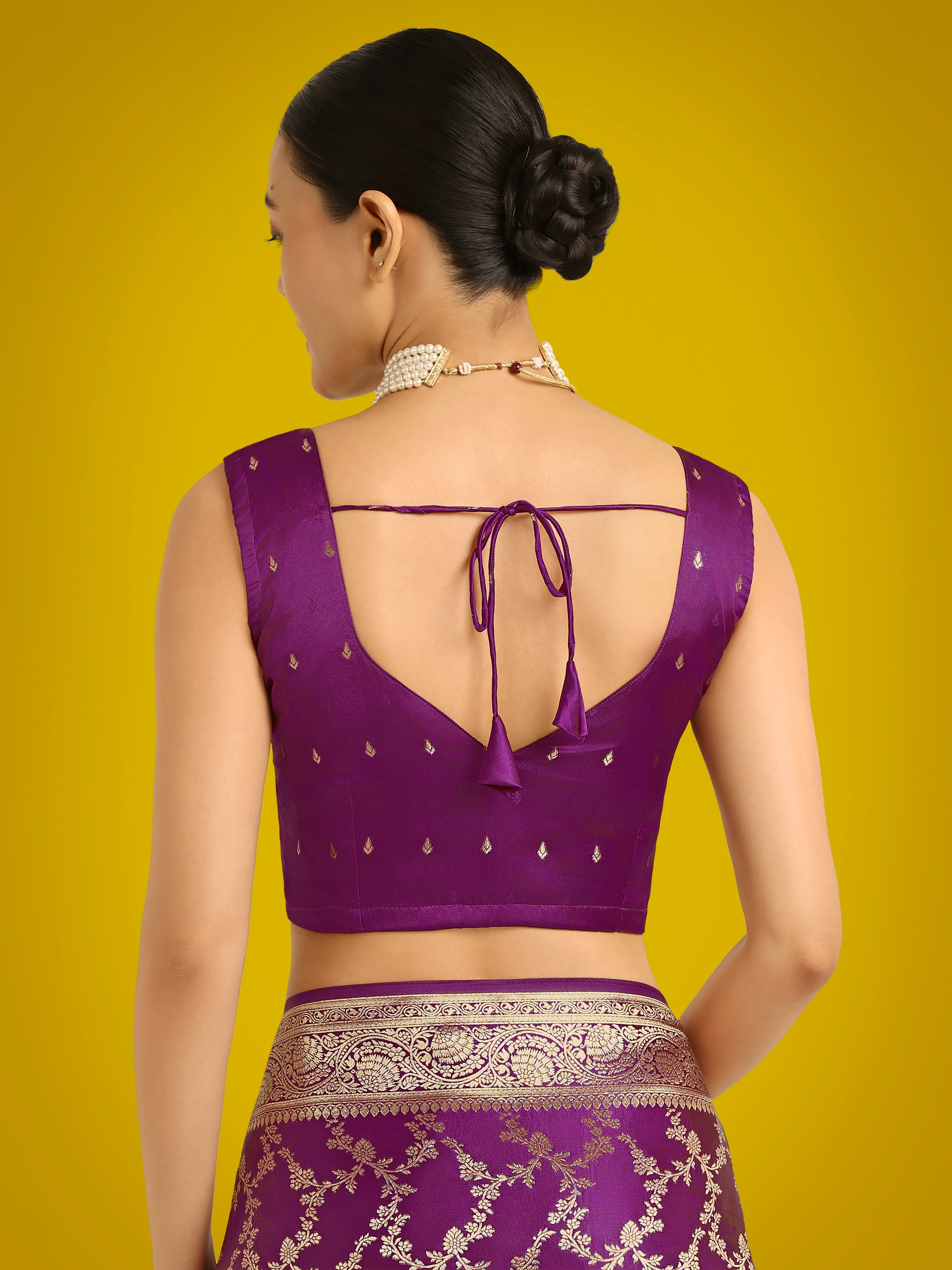 Stunning Purple Banarasi Satin Silk Golden Meenakari Work Saree