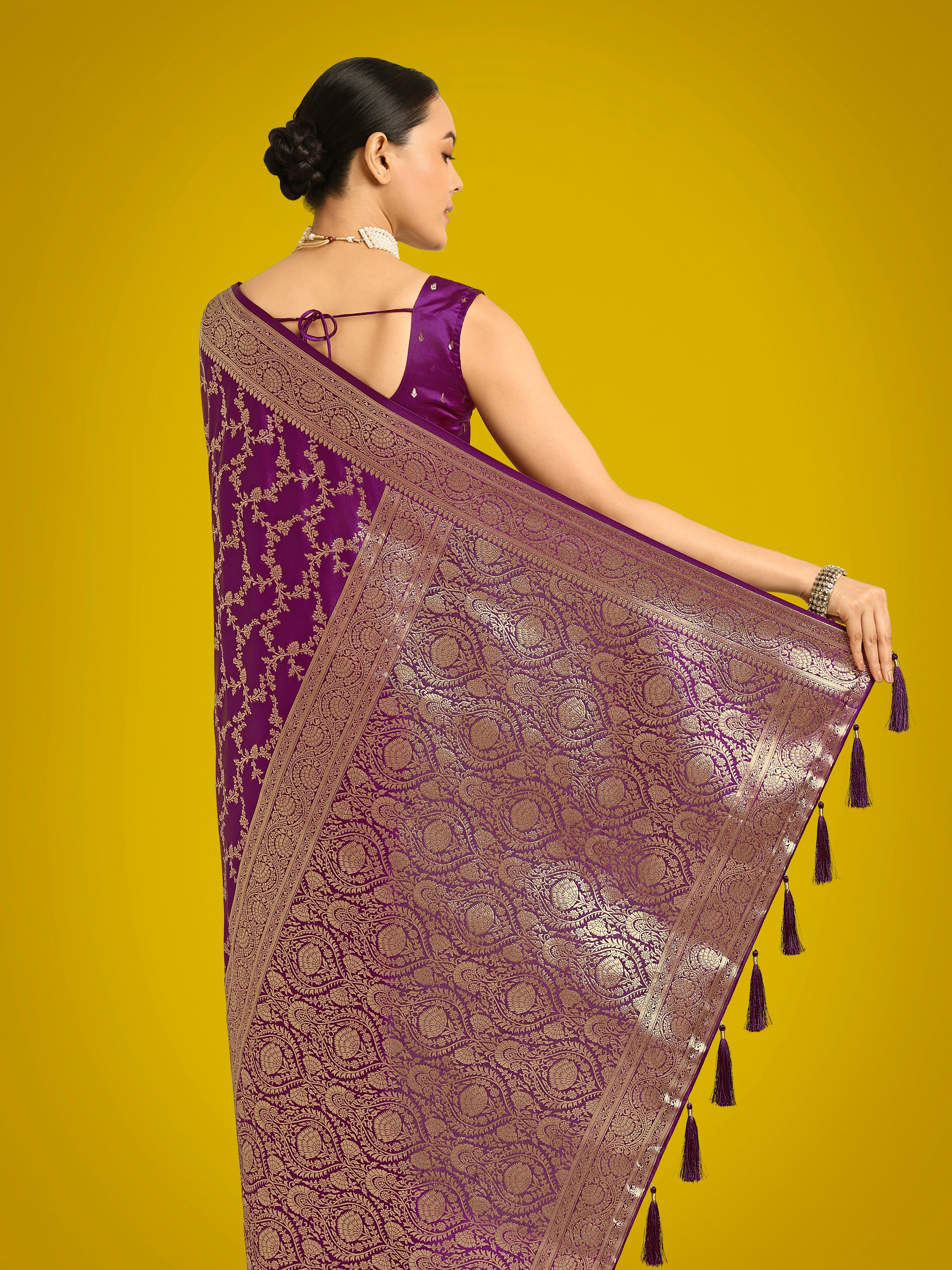 Stunning Purple Banarasi Satin Silk Golden Meenakari Work Saree