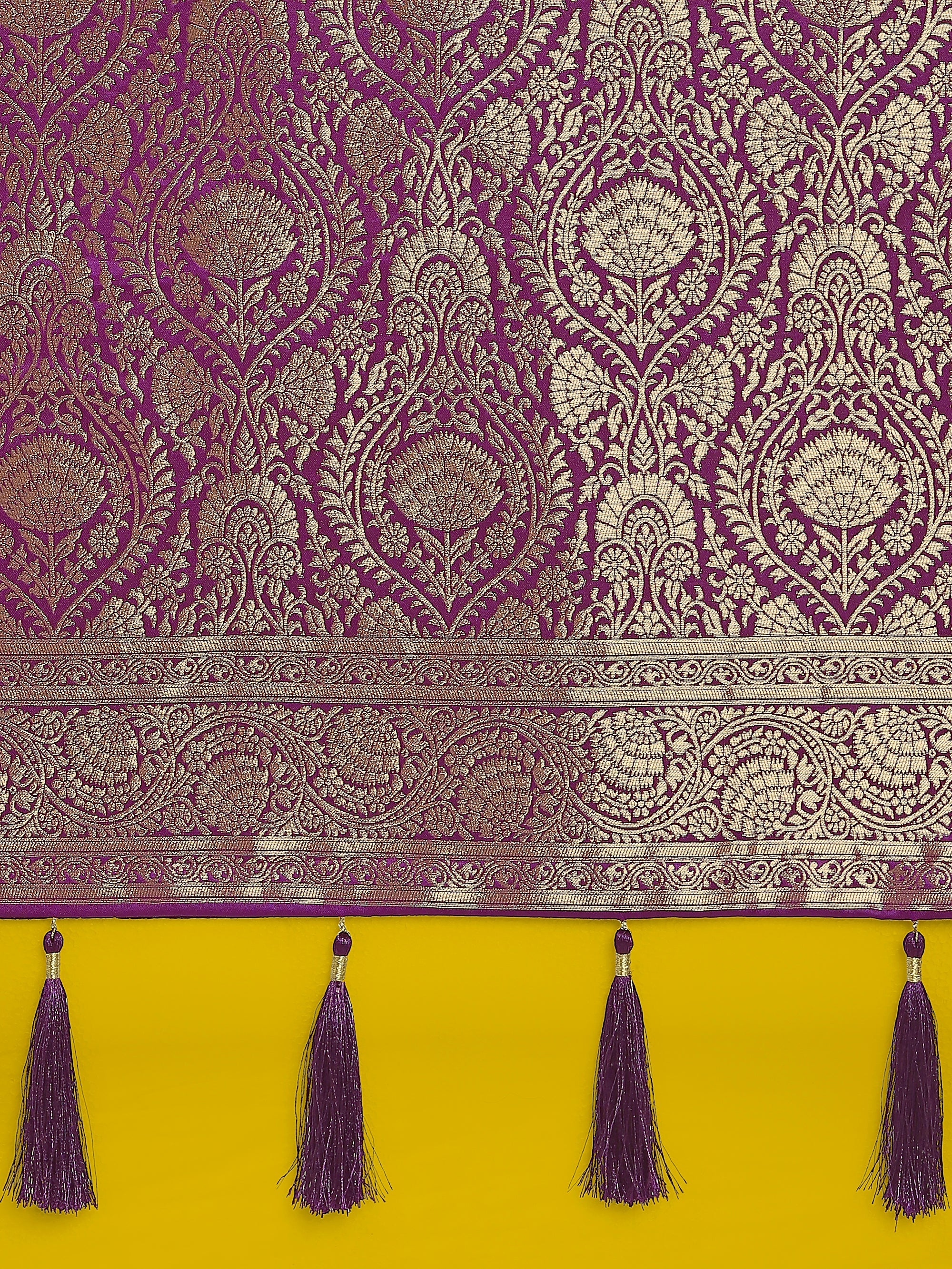 Stunning Purple Banarasi Satin Silk Golden Meenakari Work Saree