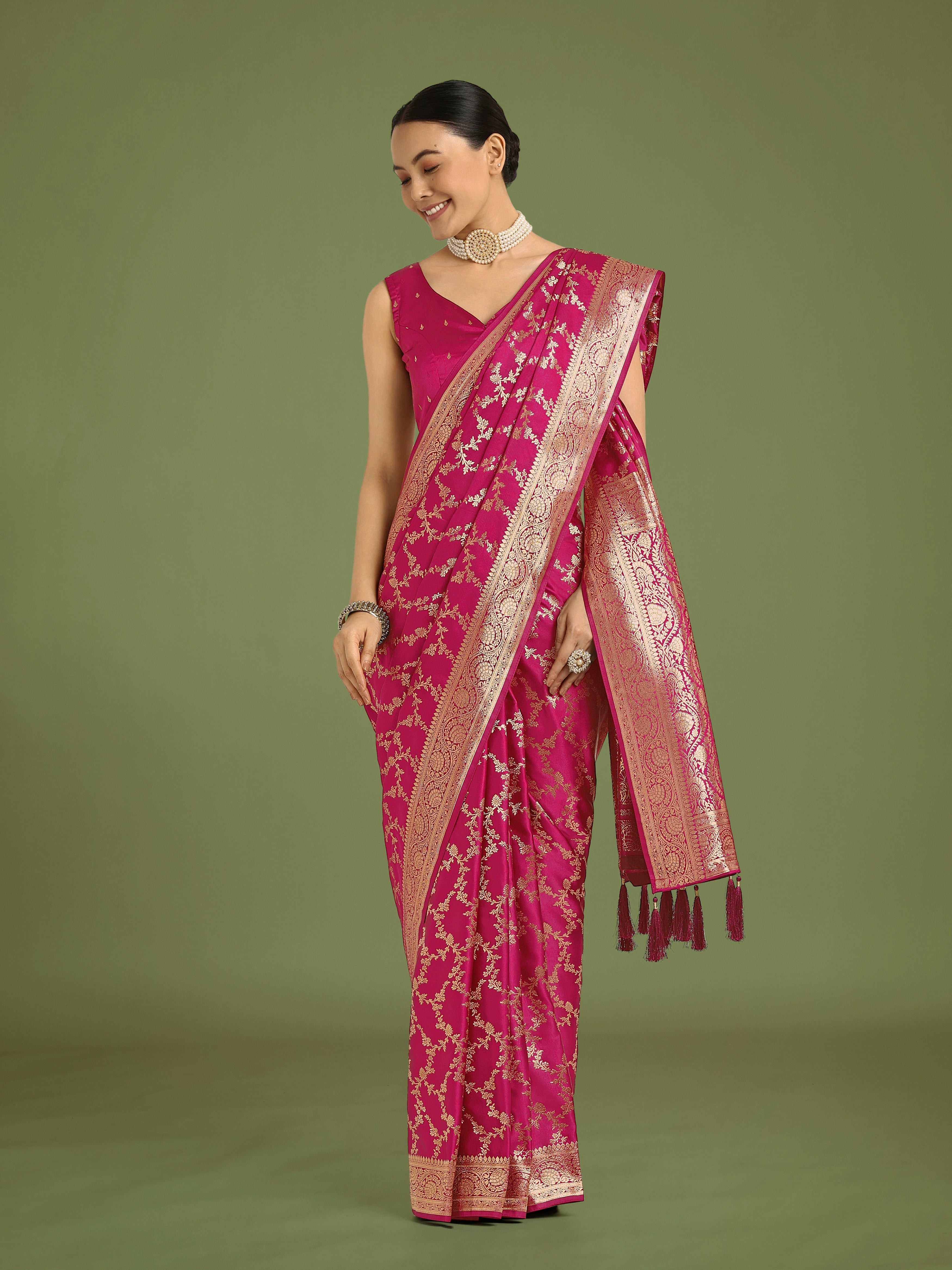 Stunning Rani Pink Banarasi Satin Silk Golden Meenakari Work Saree
