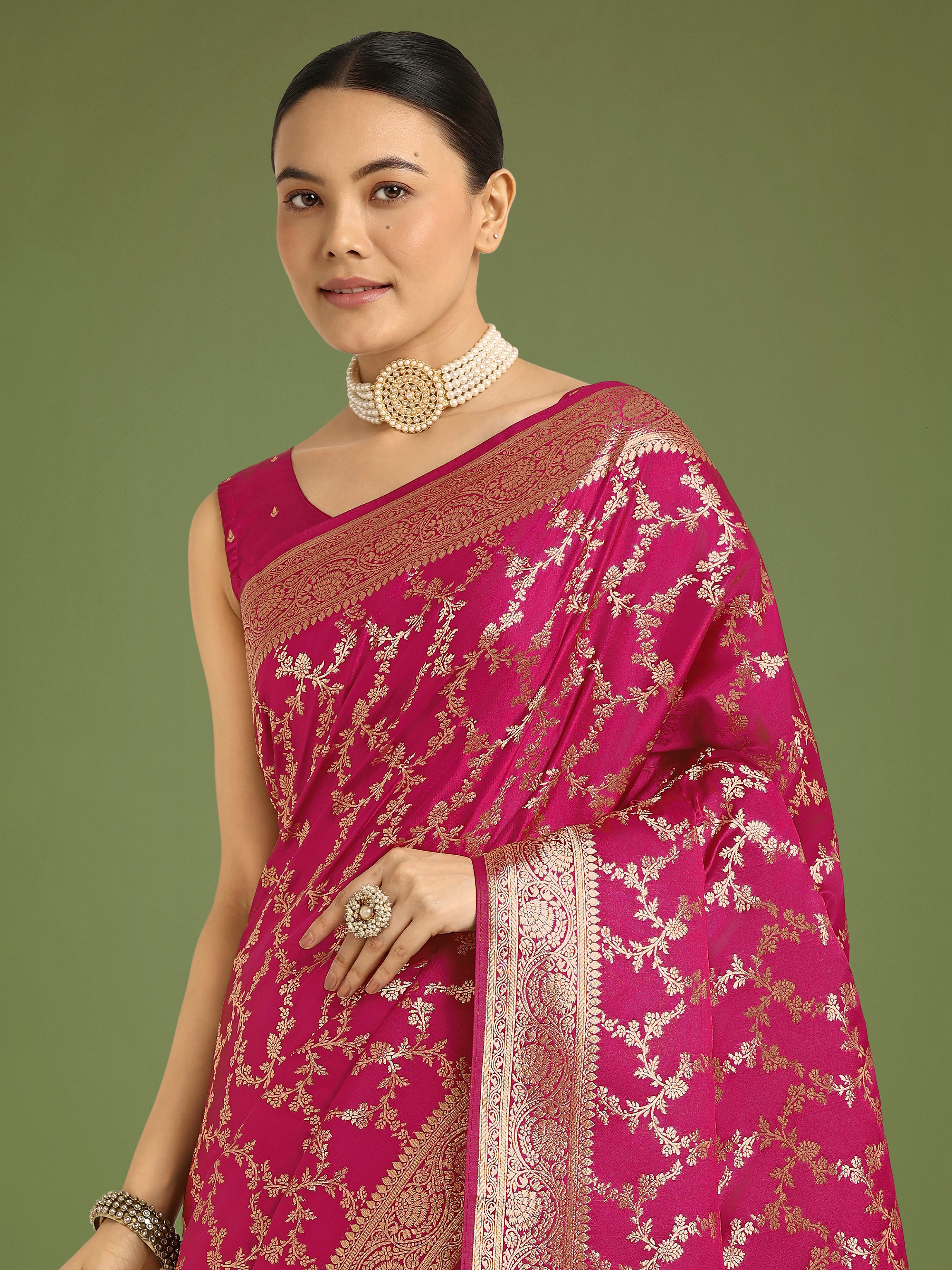 Stunning Rani Pink Banarasi Satin Silk Golden Meenakari Work Saree