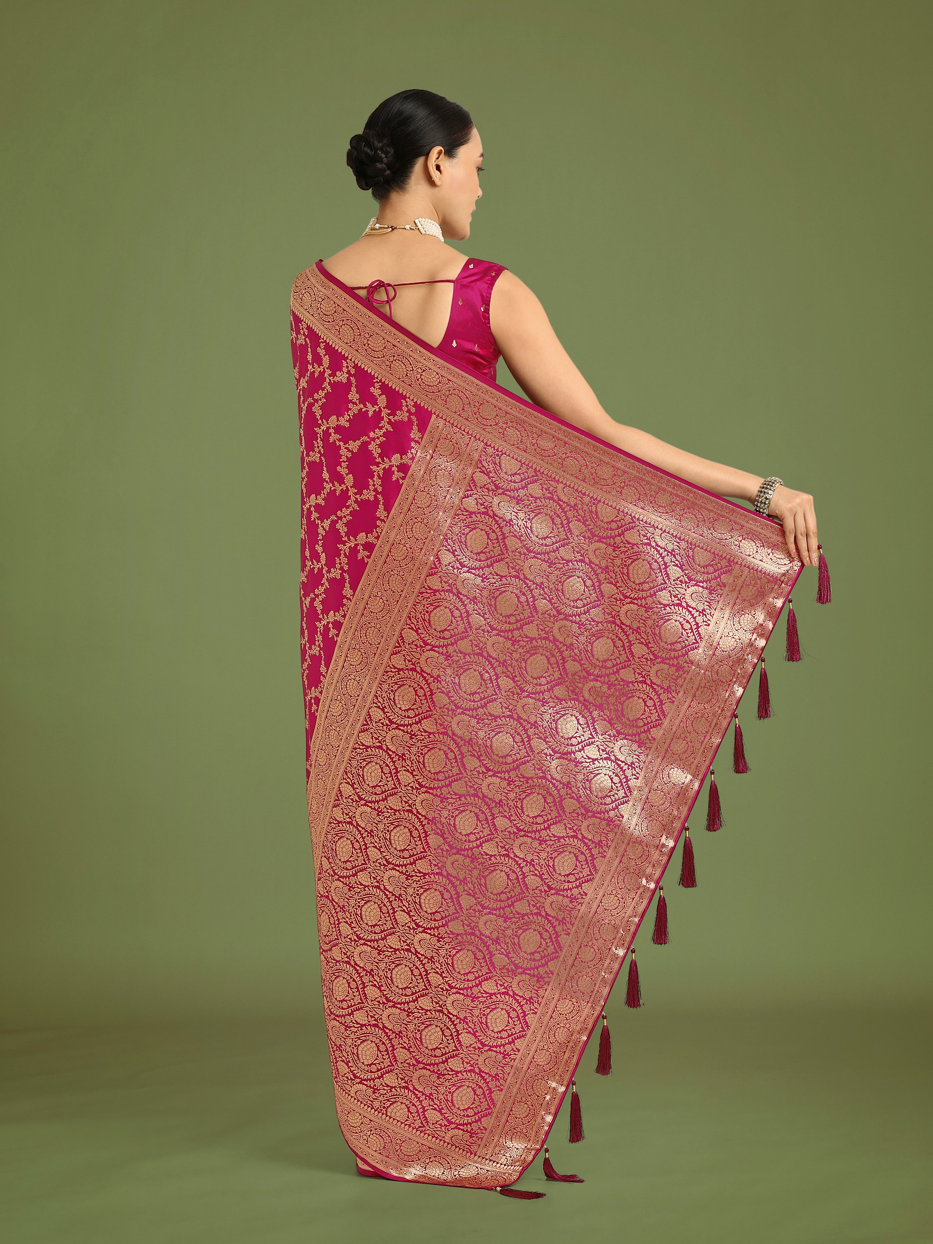 Stunning Rani Pink Banarasi Satin Silk Golden Meenakari Work Saree
