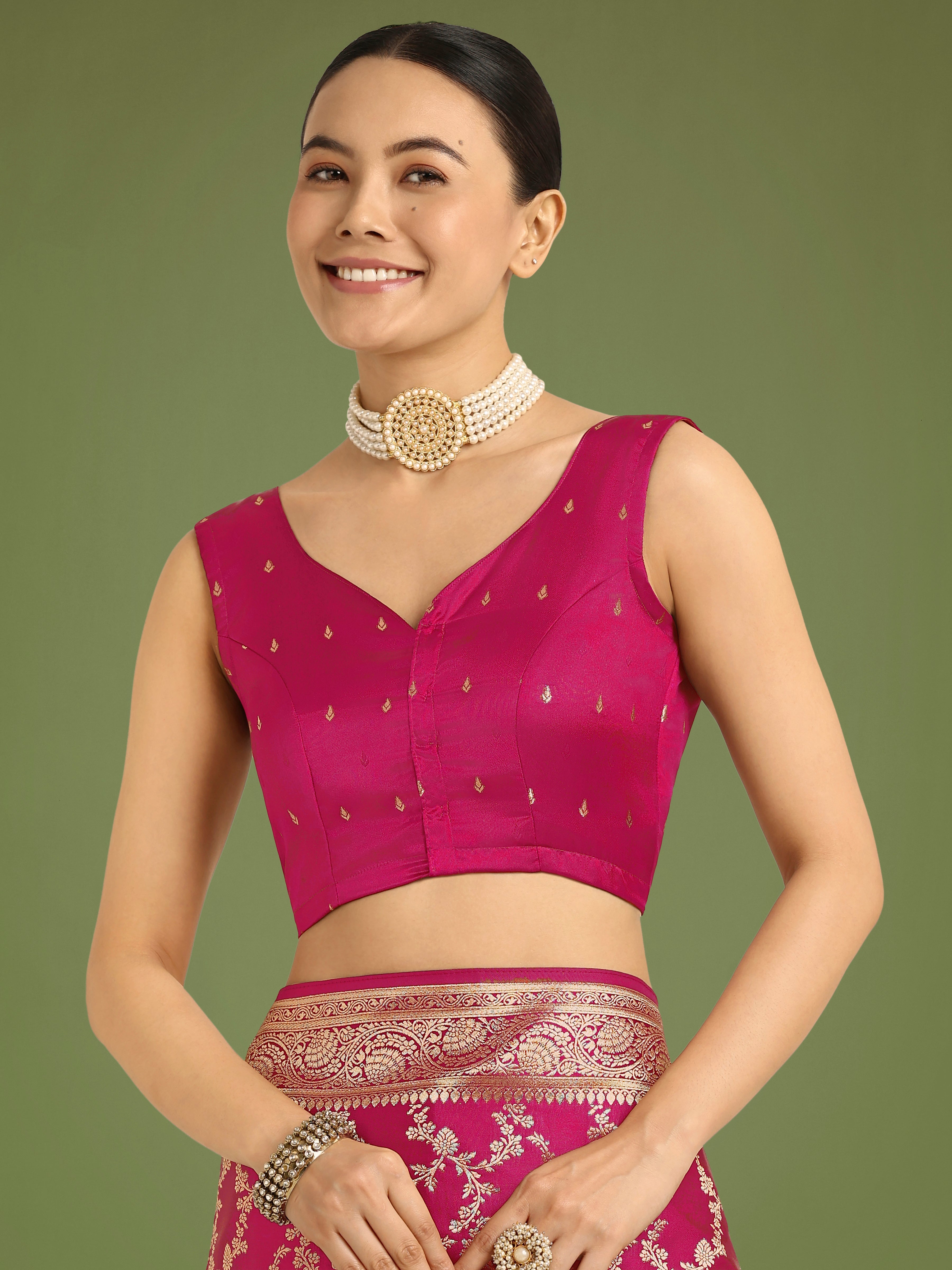 Stunning Rani Pink Banarasi Satin Silk Golden Meenakari Work Saree