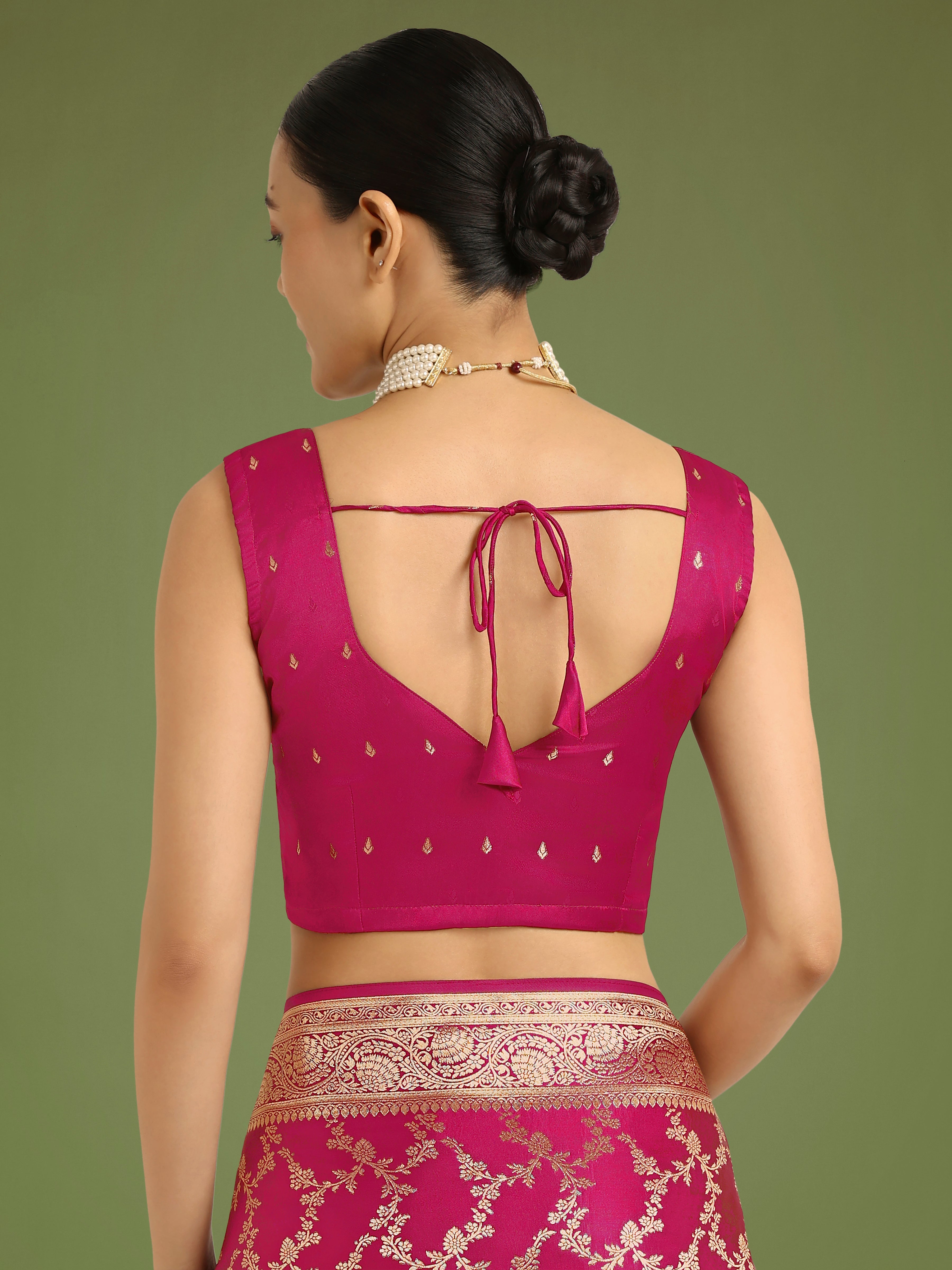 Stunning Rani Pink Banarasi Satin Silk Golden Meenakari Work Saree