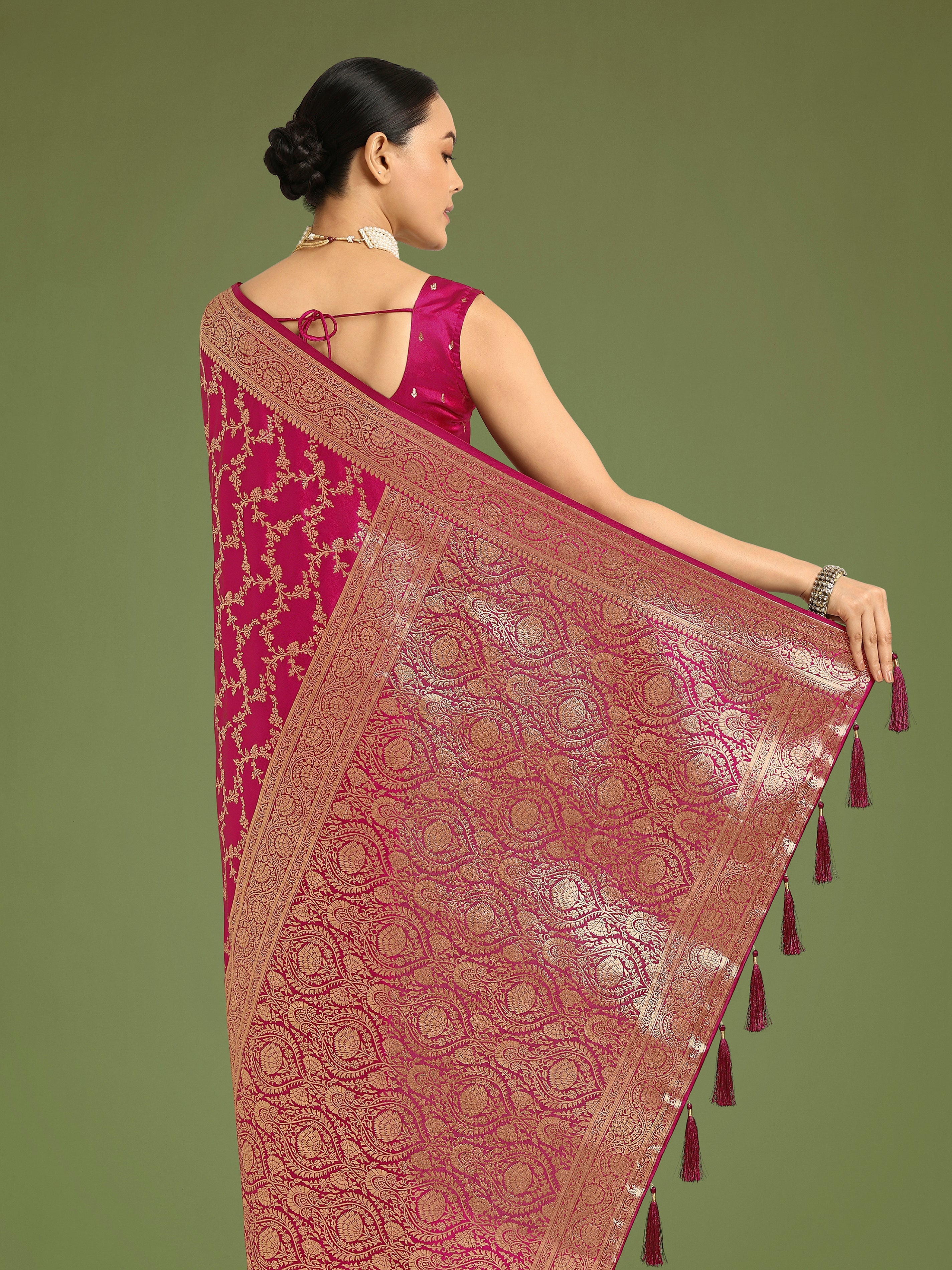 Stunning Rani Pink Banarasi Satin Silk Golden Meenakari Work Saree