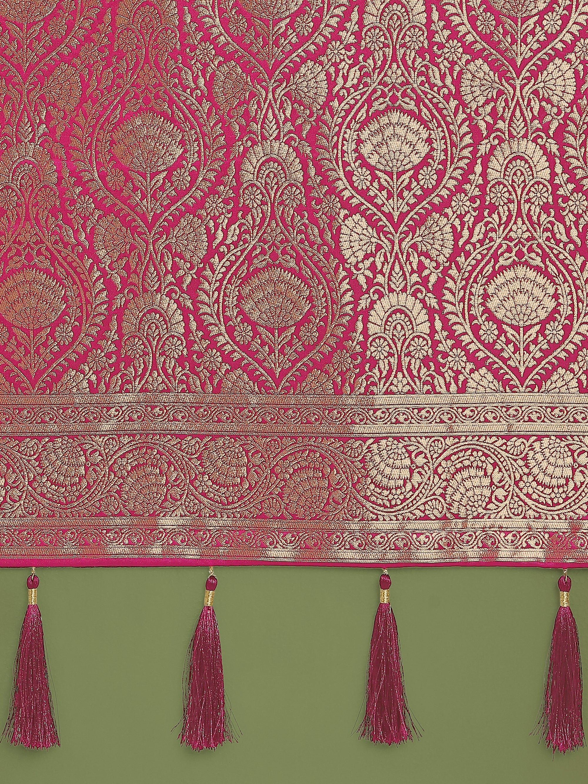 Stunning Rani Pink Banarasi Satin Silk Golden Meenakari Work Saree