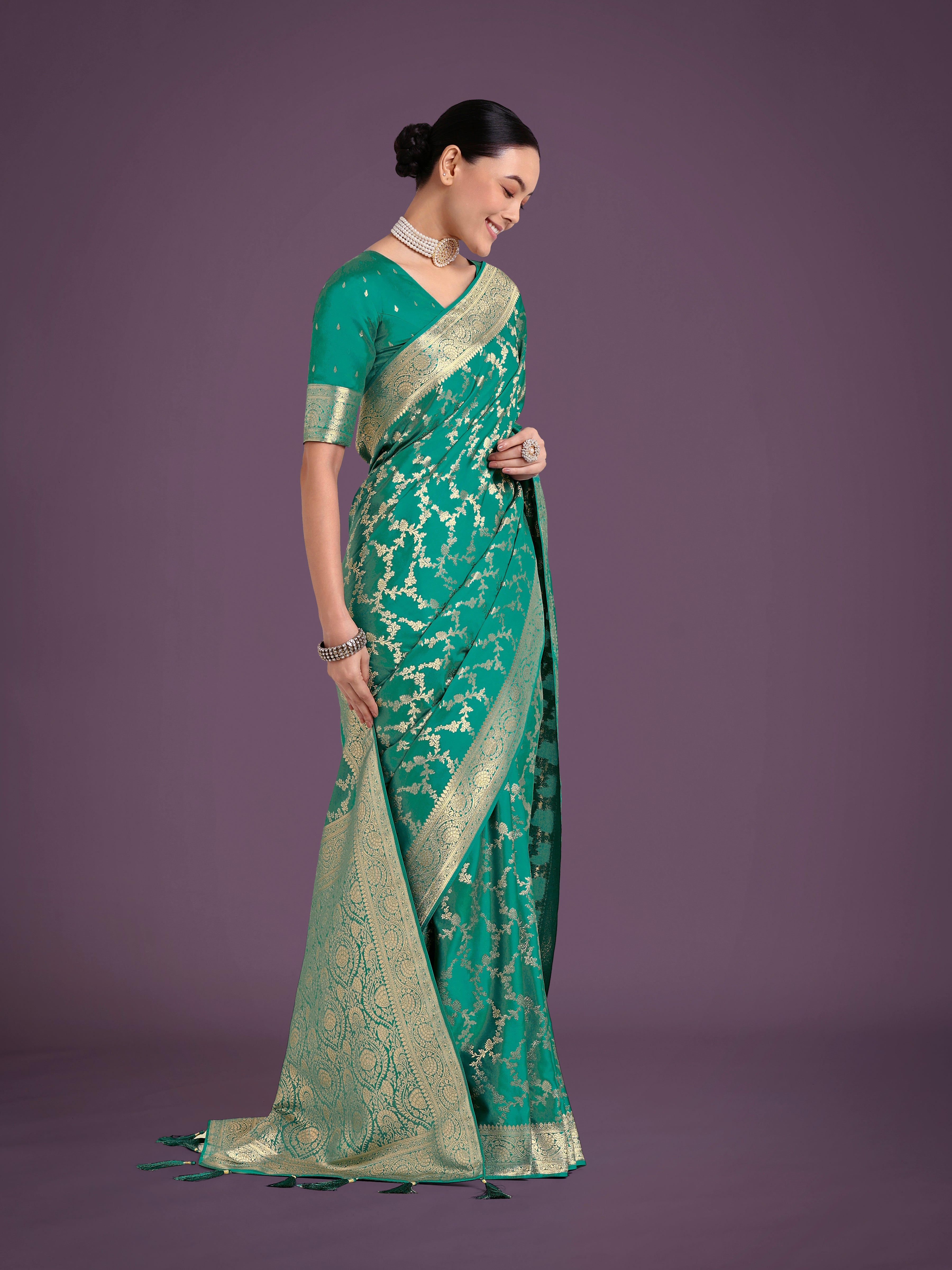 Stunning Turquoise Banarasi Satin Silk Golden Meenakari Work Saree