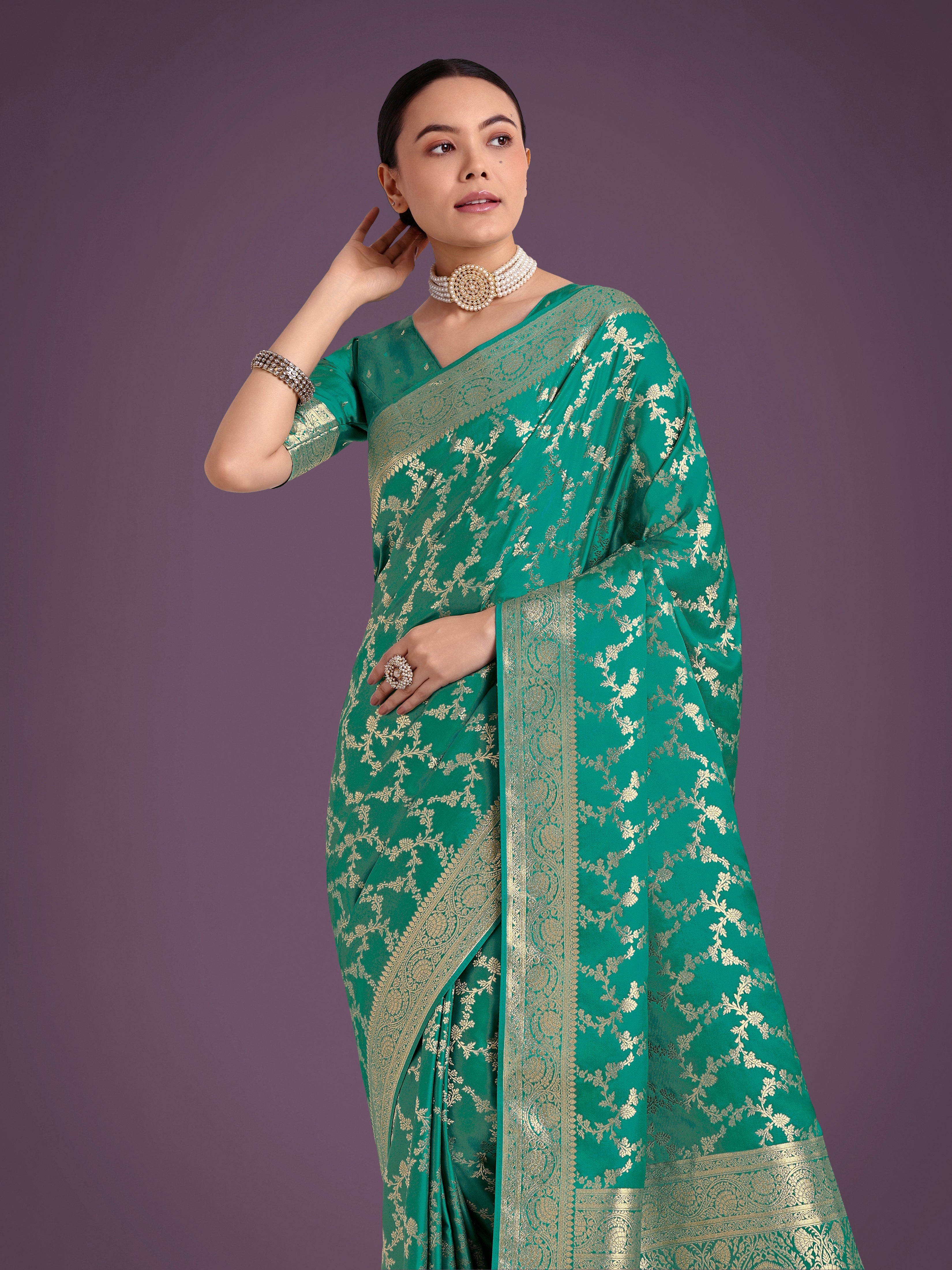 Stunning Turquoise Banarasi Satin Silk Golden Meenakari Work Saree