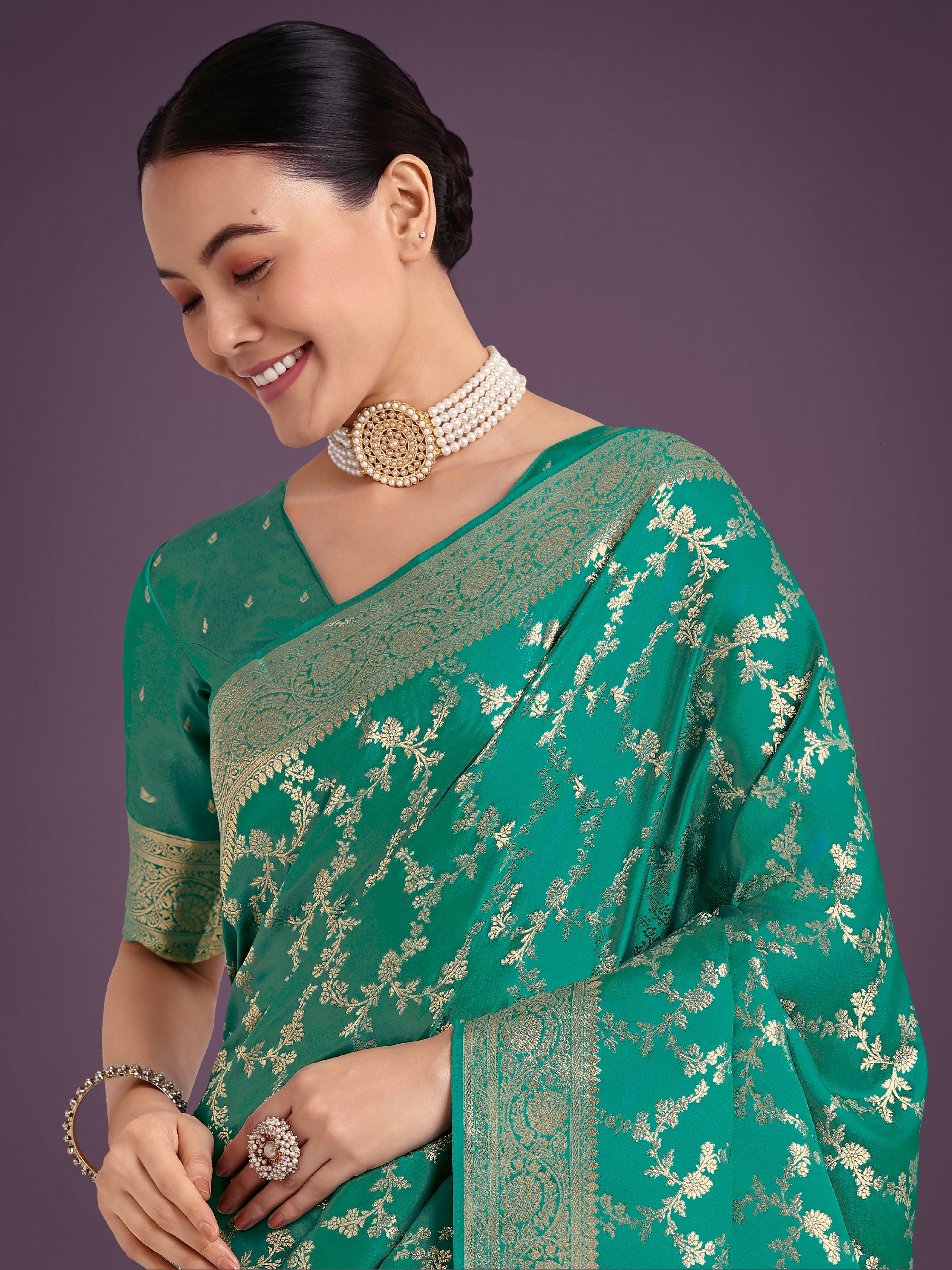 Stunning Turquoise Banarasi Satin Silk Golden Meenakari Work Saree