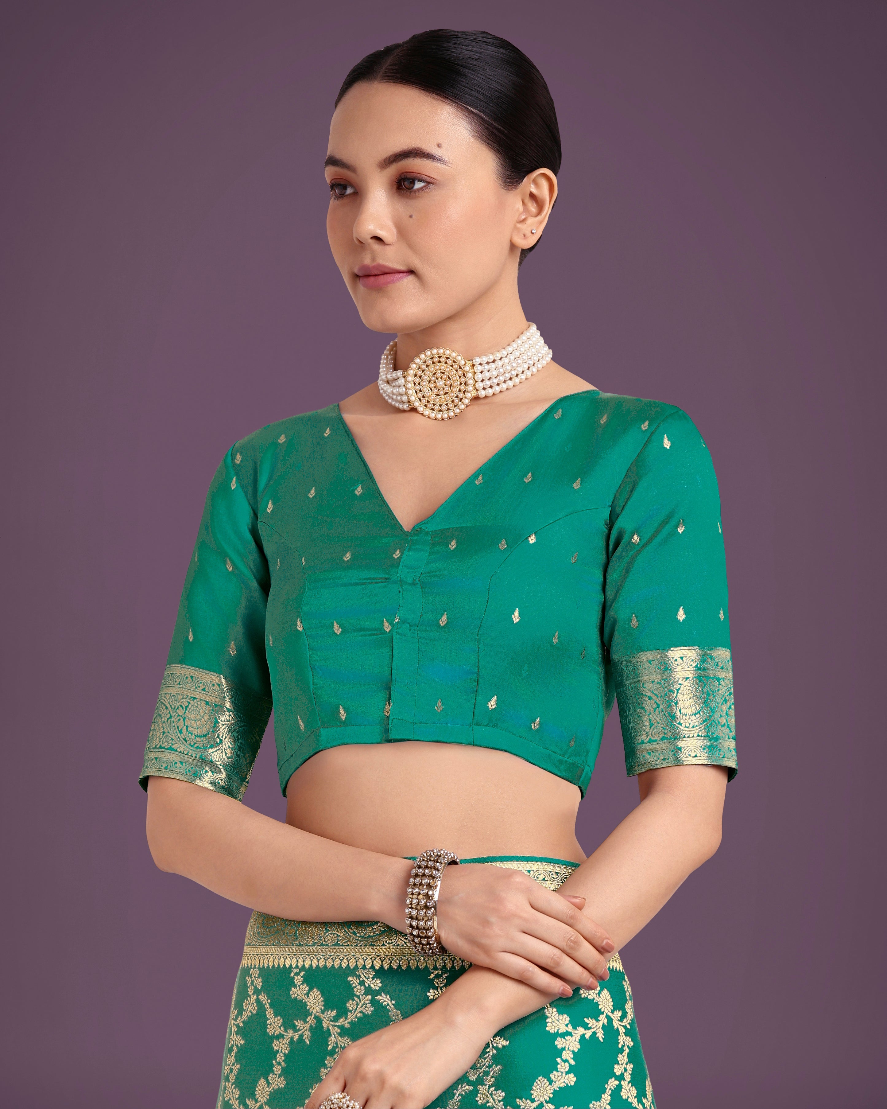 Stunning Turquoise Banarasi Satin Silk Golden Meenakari Work Saree