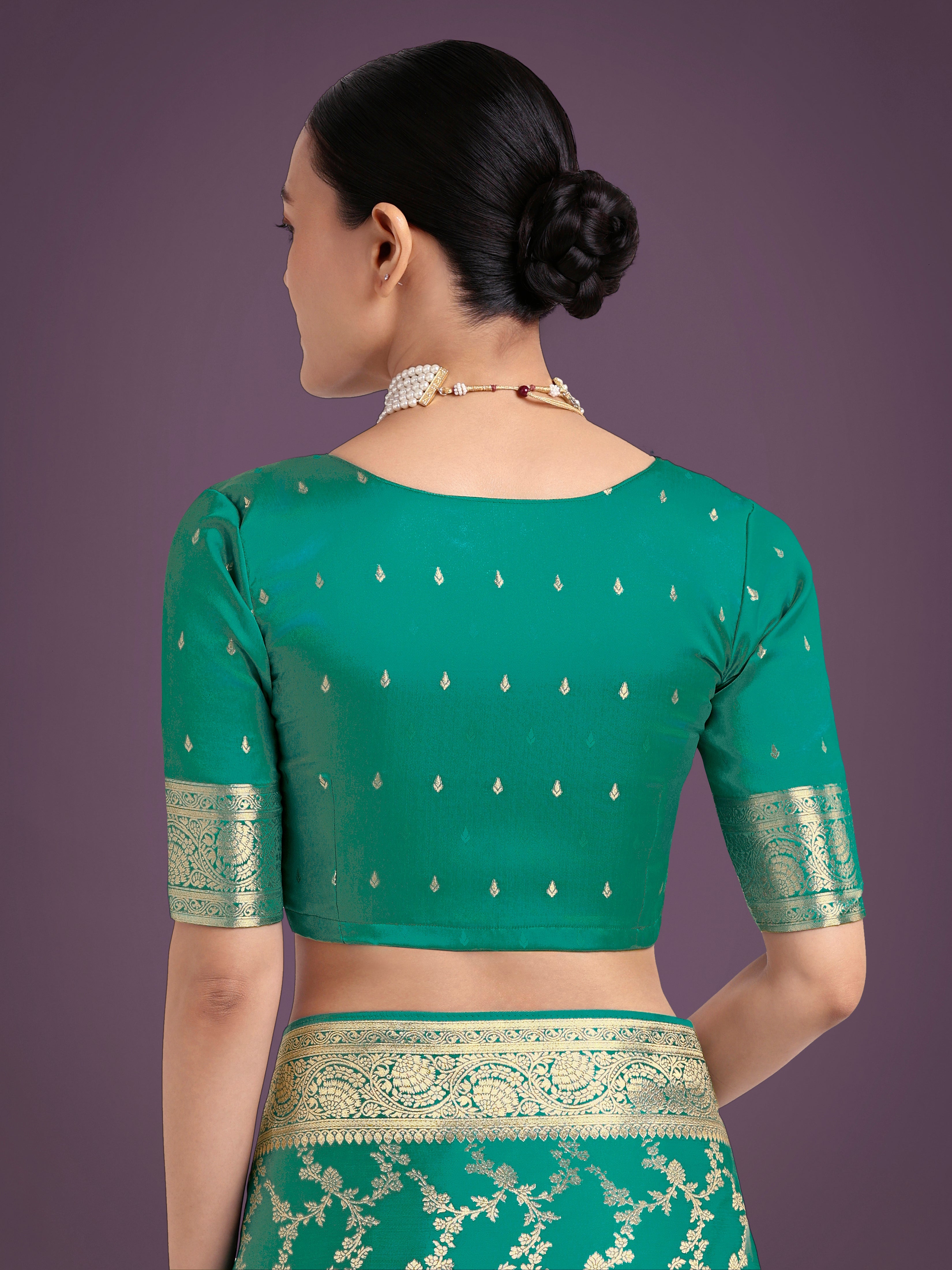 Stunning Turquoise Banarasi Satin Silk Golden Meenakari Work Saree