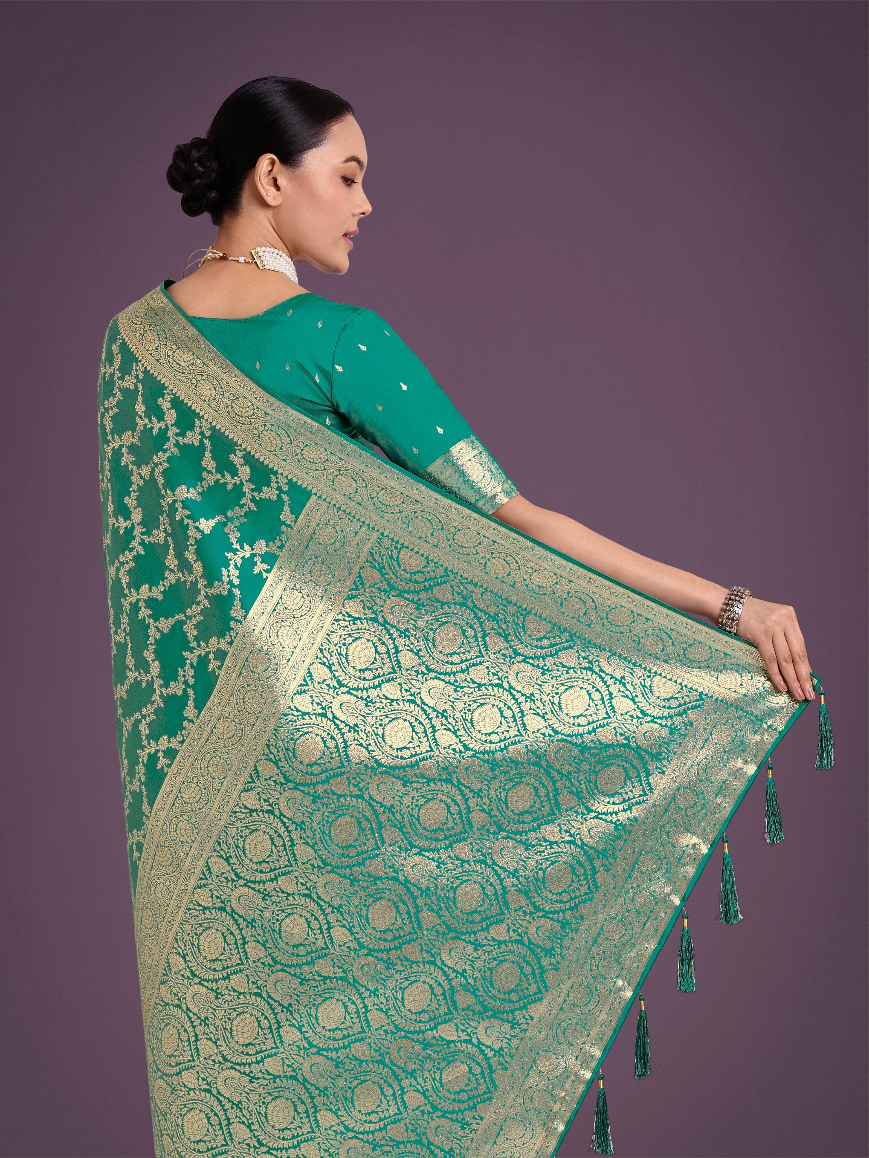 Stunning Turquoise Banarasi Satin Silk Golden Meenakari Work Saree