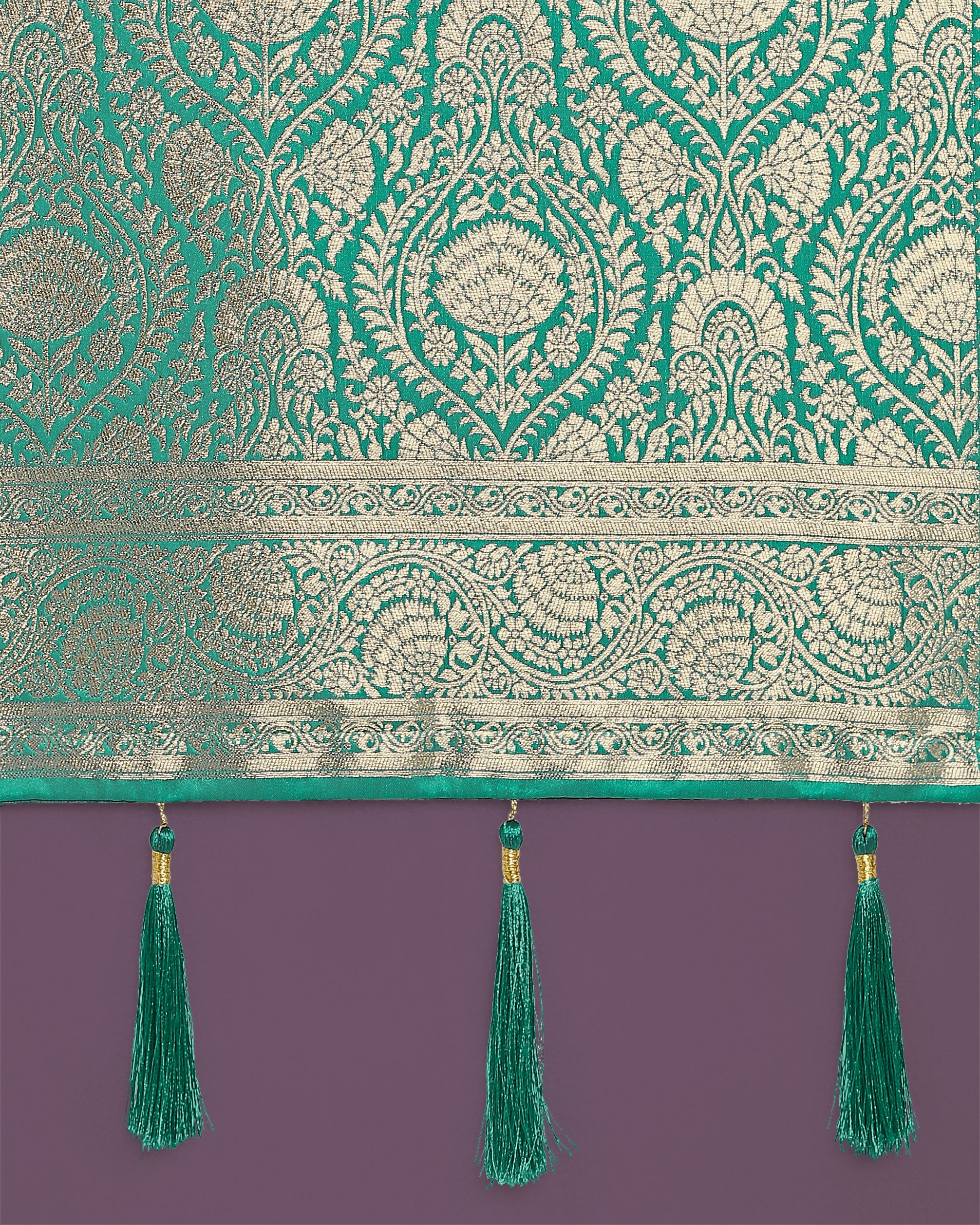 Stunning Turquoise Banarasi Satin Silk Golden Meenakari Work Saree