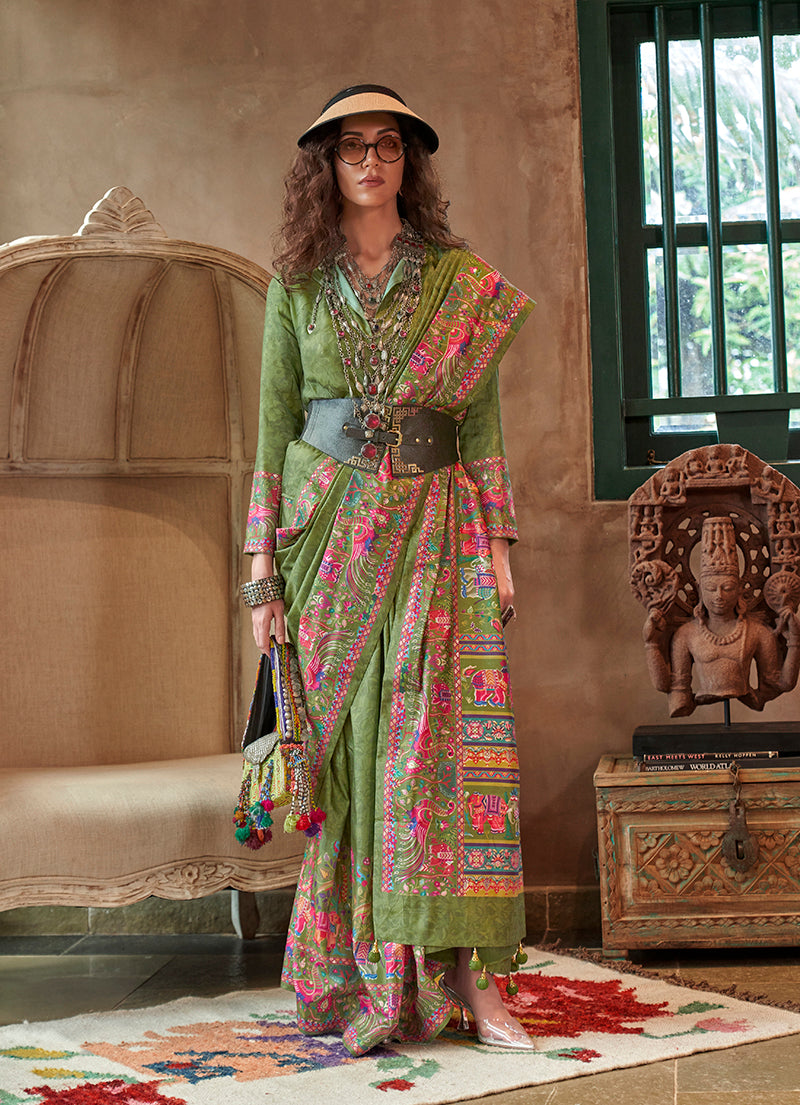 Green Silk Luxury Print With Glory Finish Ceremonial Saree