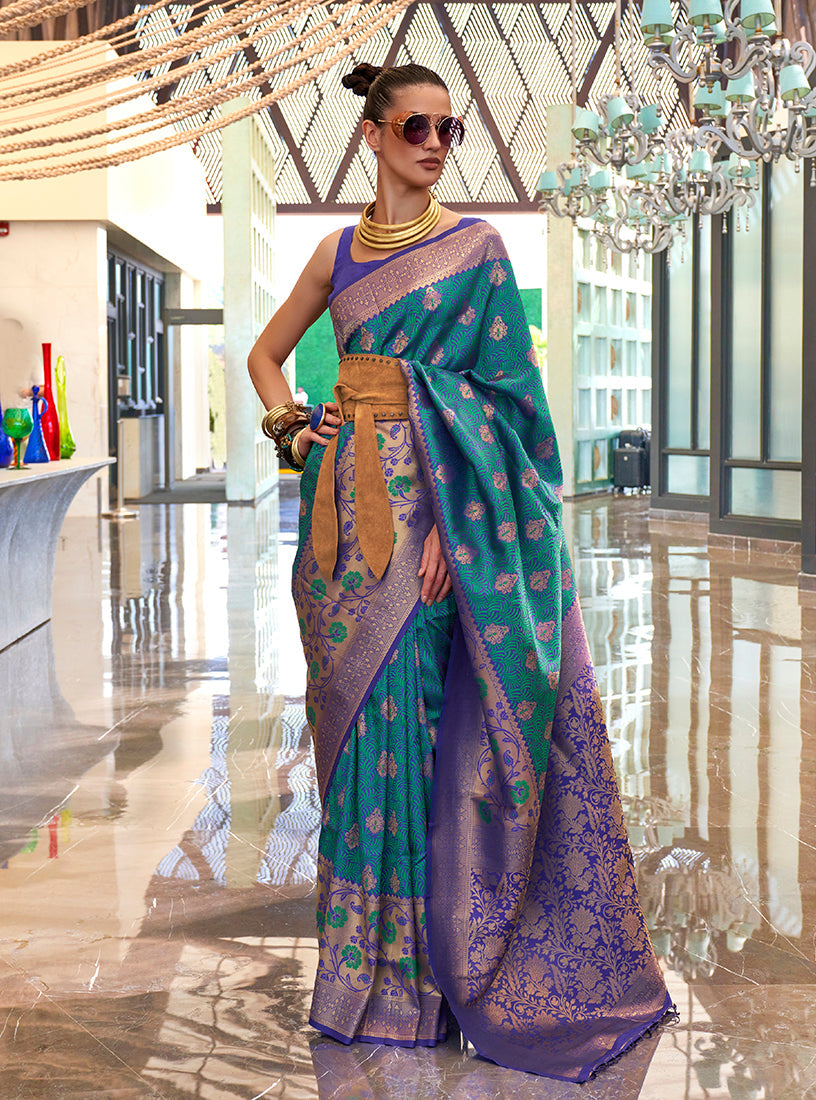 Teal and Violet Weaving Handloom silk Blend Trendy Saree