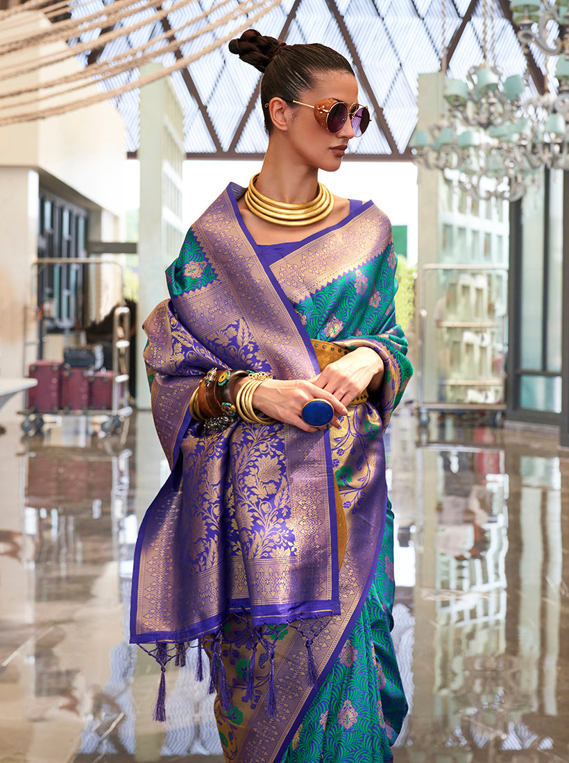 Teal and Violet Weaving Handloom silk Blend Trendy Saree