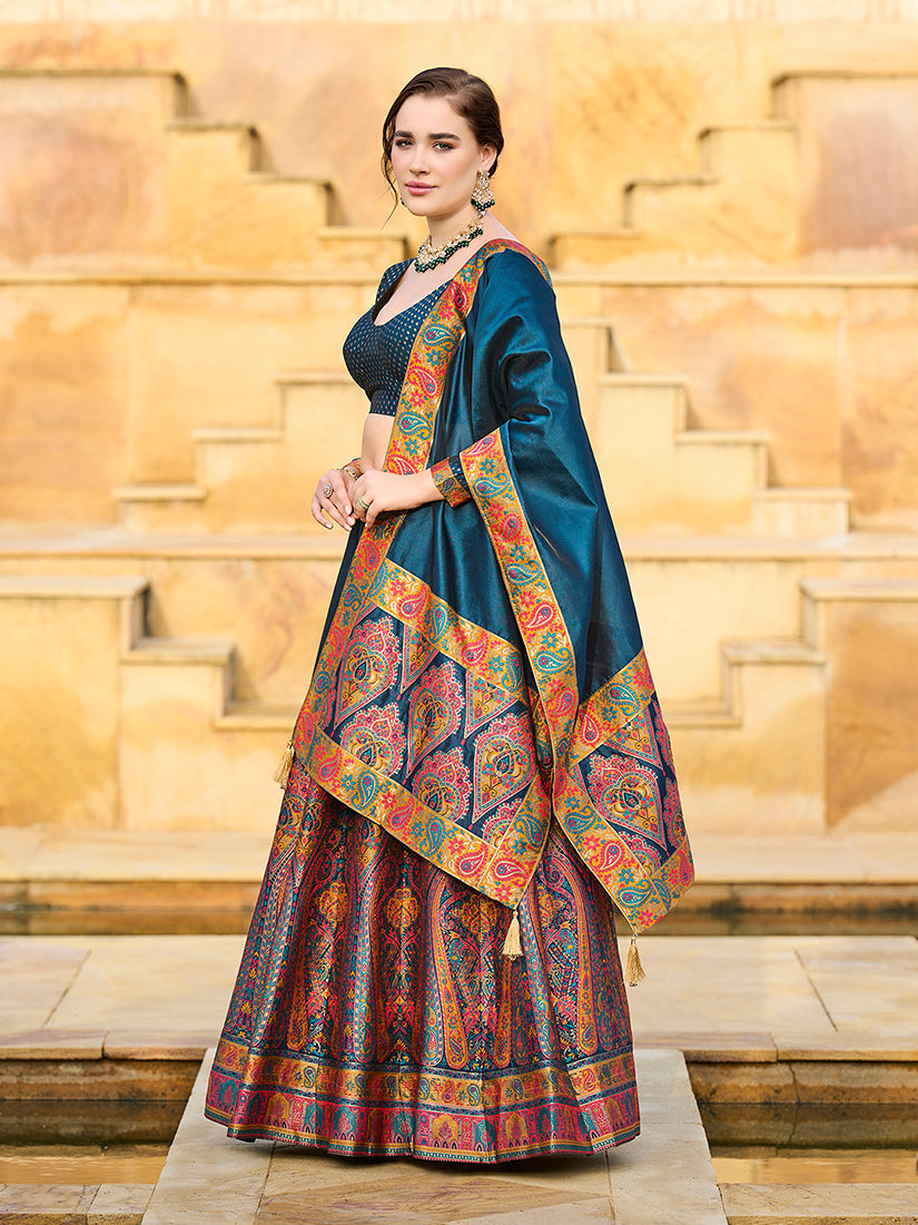 Teal blue Color Jacquard Designer Work Lehenga Choli For Ceremonial