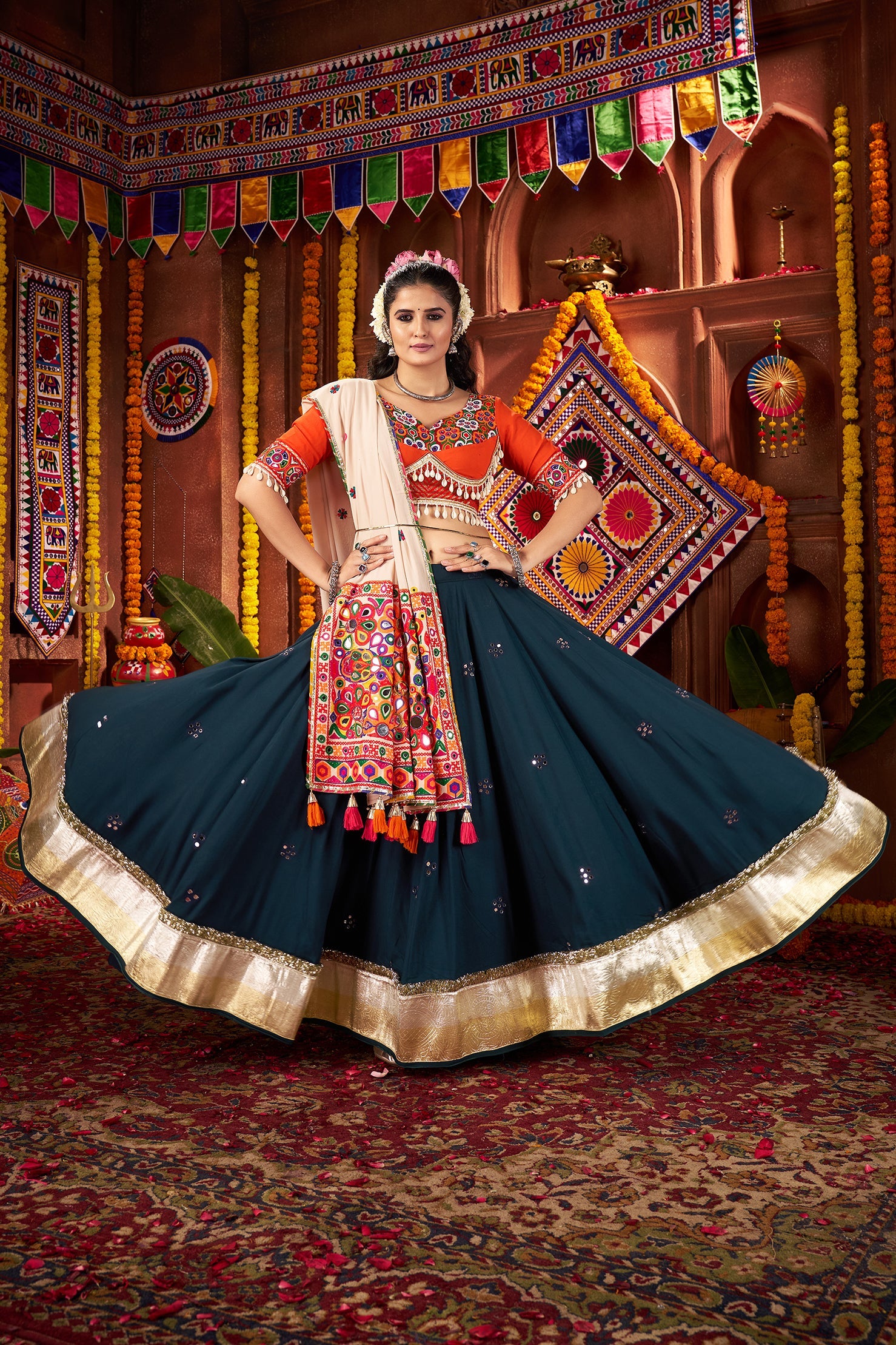 Teal blue Color Navratri Lehenga Choli in Viscose Cotton with Kutchi Mirror Work