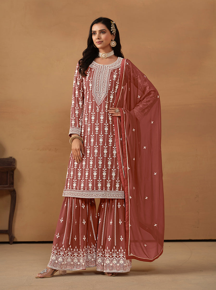 Dark Rust Faux Georgette Embroidered Designer Sharara Suit - Monjolika Fashion