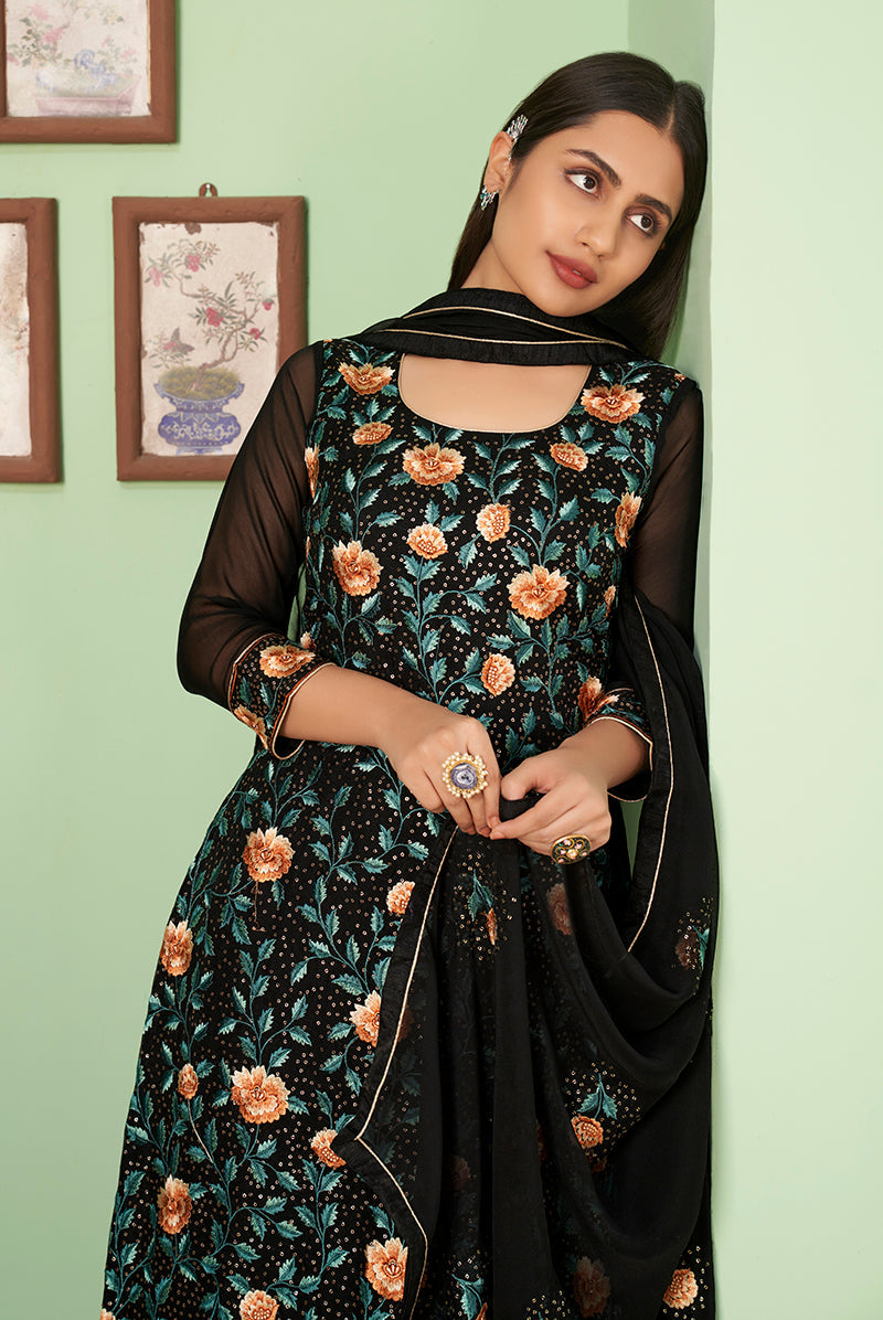 Black Georgette Embroidered Plazzo Salwar Kameez