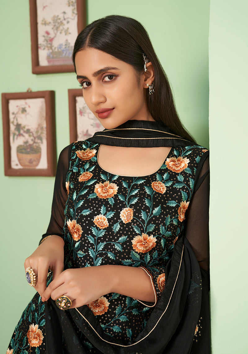 Black Georgette Embroidered Plazzo Salwar Kameez