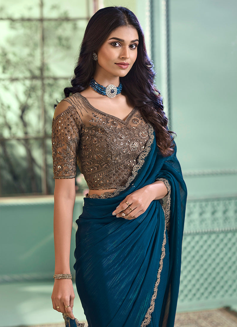 Teal Blue Georgette Sequins Embroidered Border Saree