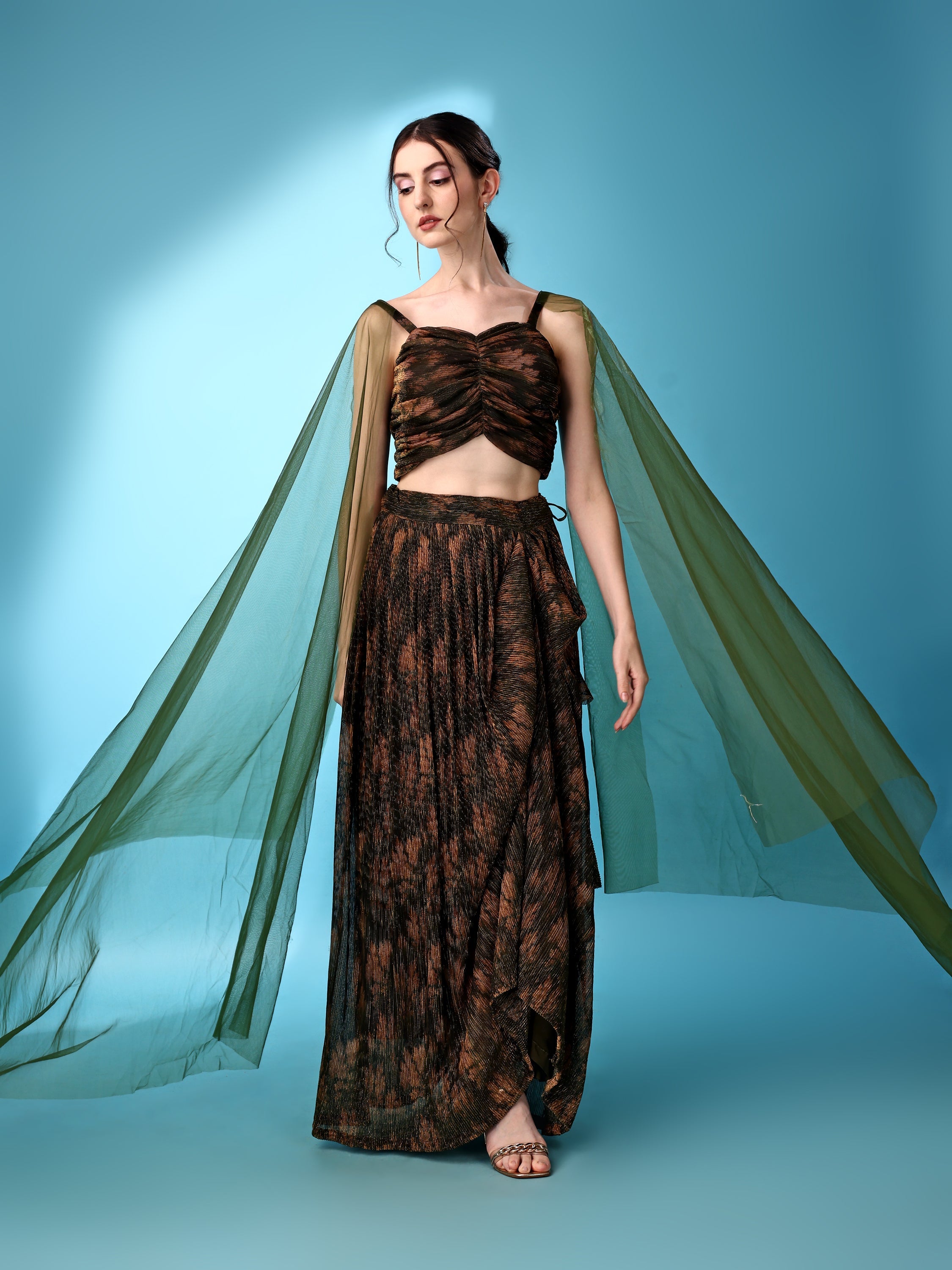 Brown & Green Abstract Print Lycra Lehenga Set