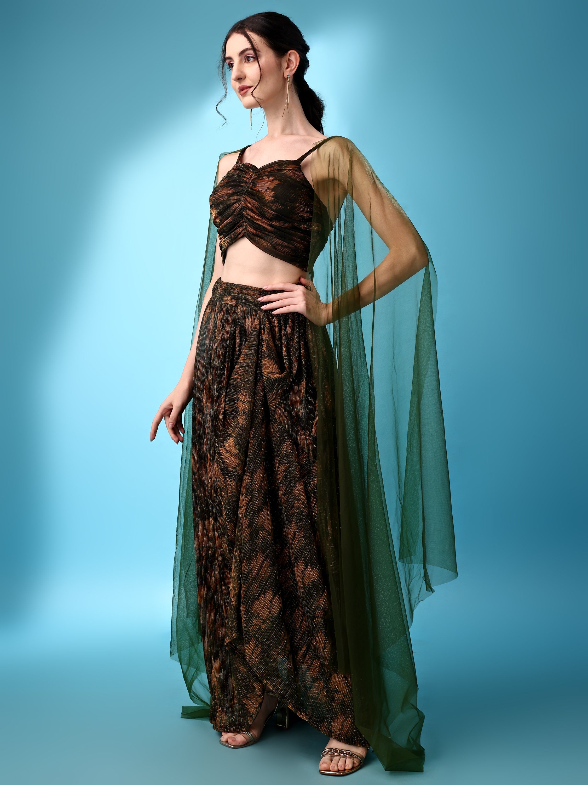 Brown & Green Abstract Print Lycra Lehenga Set