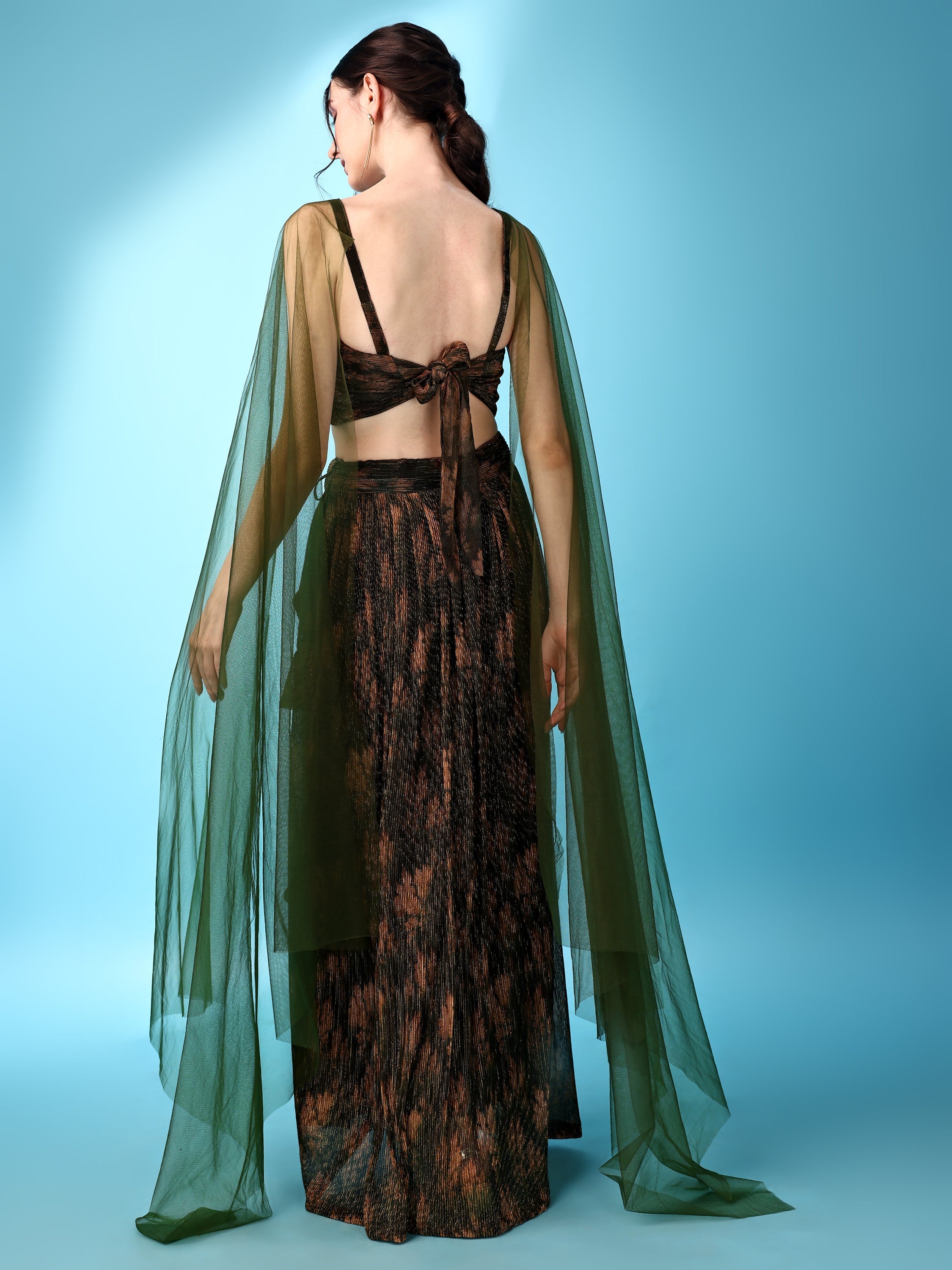 Brown & Green Abstract Print Lycra Lehenga Set