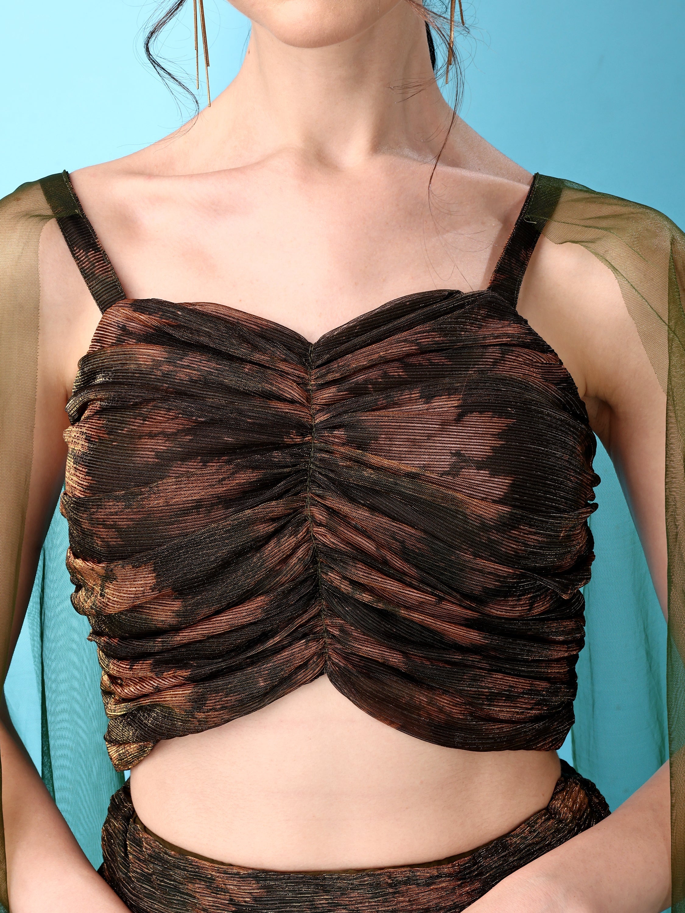 Brown & Green Abstract Print Lycra Lehenga Set