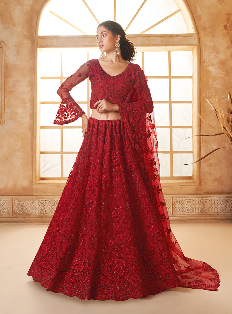 Red Net Embroidered Designer Bridal Lehenga Choli