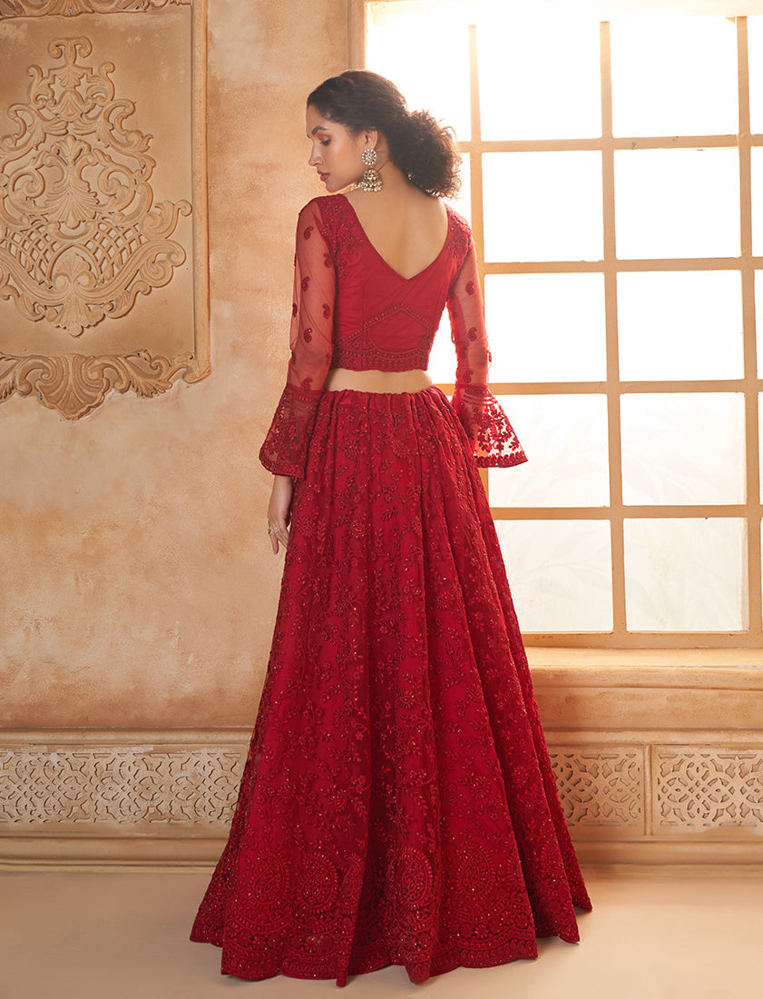 Red Net Embroidered Designer Bridal Lehenga Choli