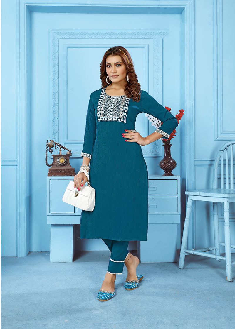 Teal blue Rinkal Cotton with Embroidered Work Kurti With Pant